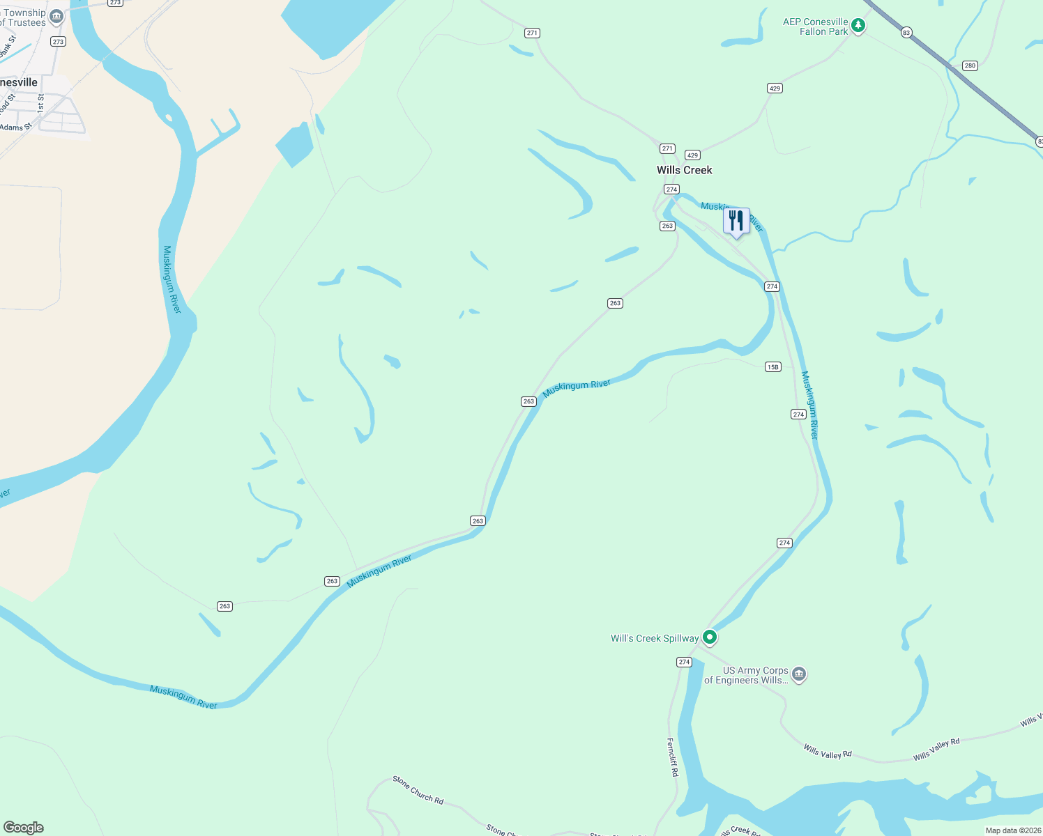 map of restaurants, bars, coffee shops, grocery stores, and more near 14830 Township Road 263 in Conesville