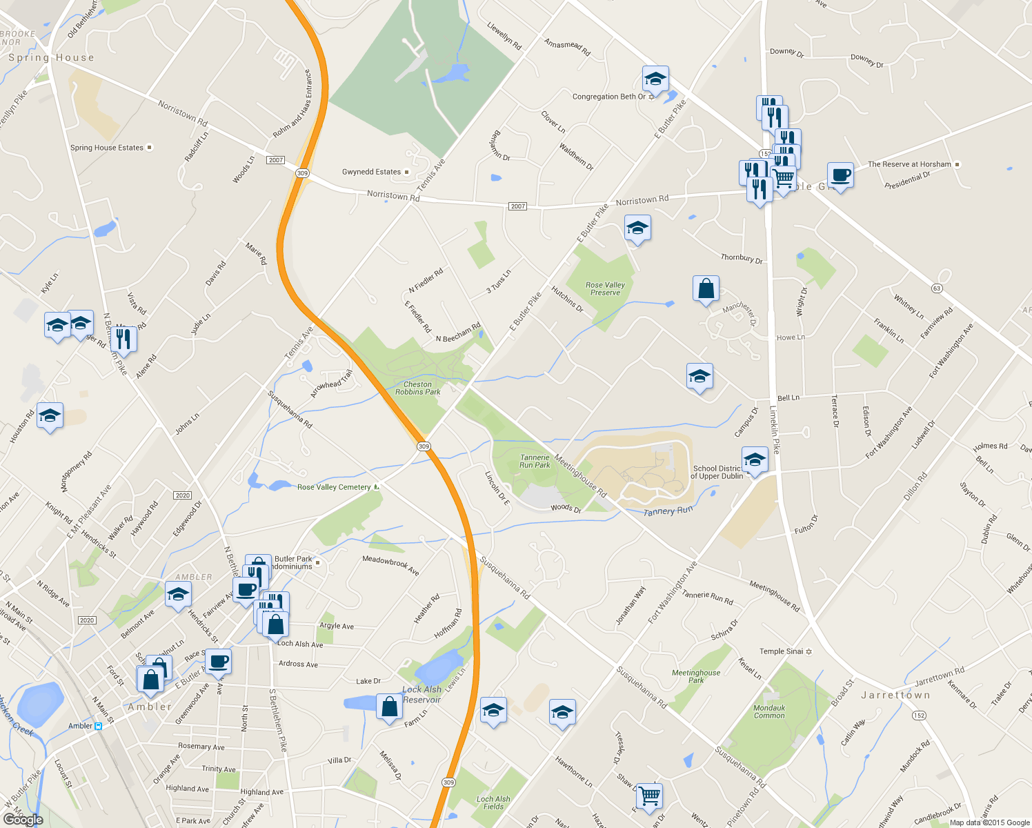 map of restaurants, bars, coffee shops, grocery stores, and more near 1500 Friends Lane in Maple Glen