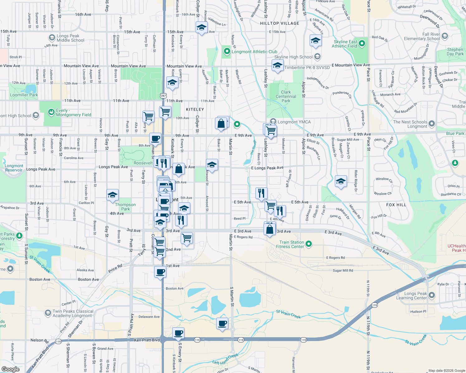 map of restaurants, bars, coffee shops, grocery stores, and more near 534 Martin Street in Longmont