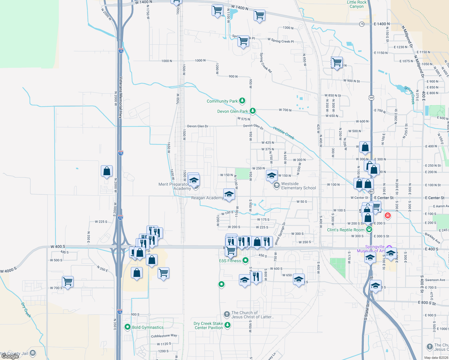 map of restaurants, bars, coffee shops, grocery stores, and more near 1156 W 100 N in Springville