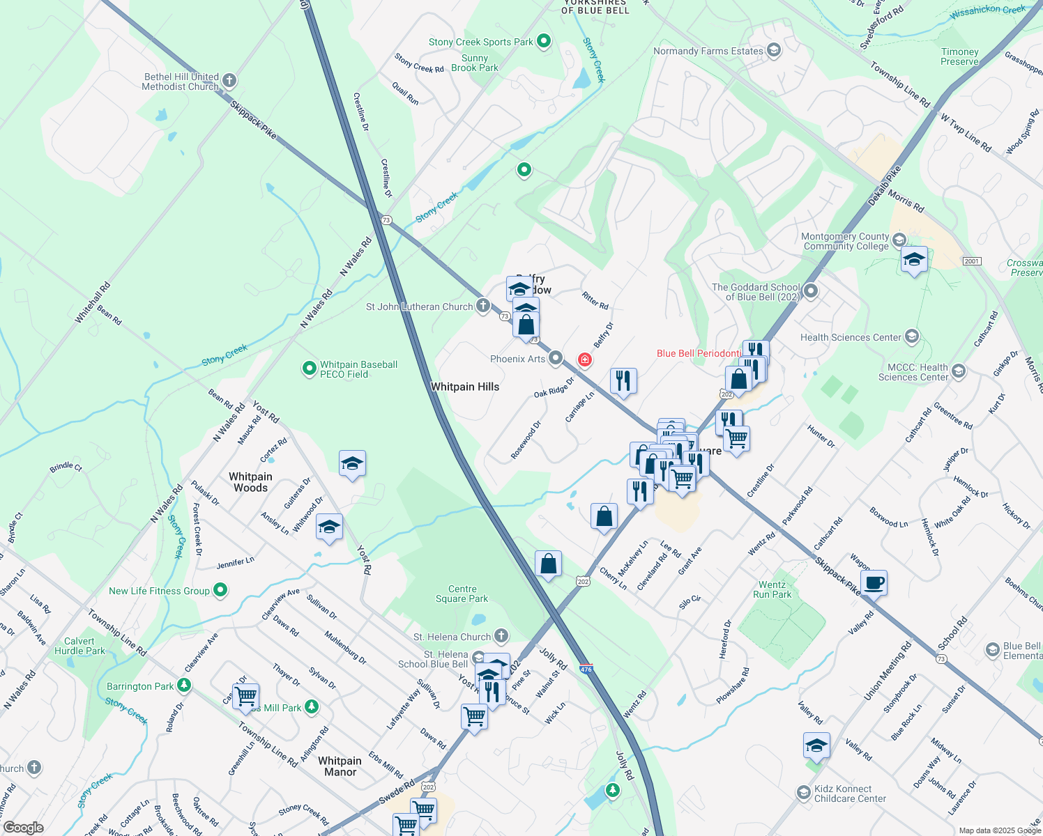 map of restaurants, bars, coffee shops, grocery stores, and more near 1040 Oak Ridge Drive in Blue Bell