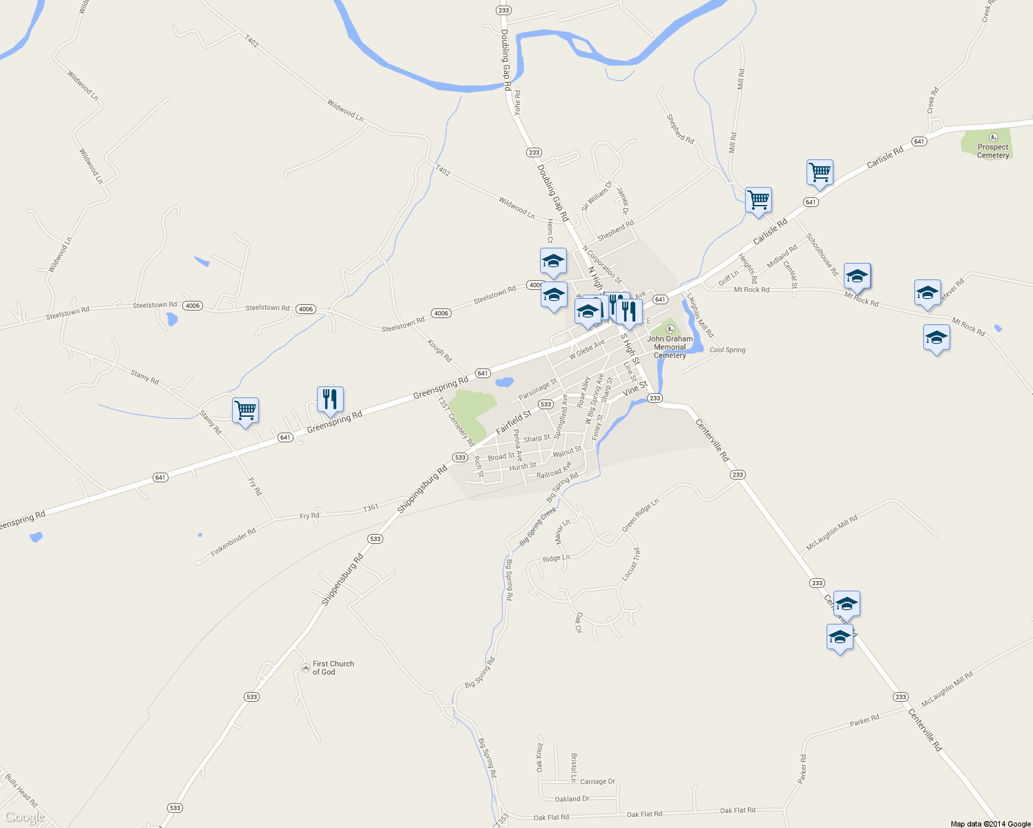 map of restaurants, bars, coffee shops, grocery stores, and more near 108 Fairfield Street in Newville