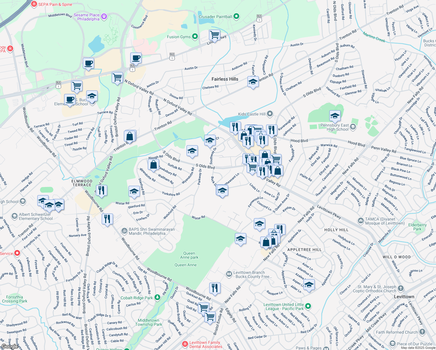 map of restaurants, bars, coffee shops, grocery stores, and more near 104 Raleigh Way in Fairless Hills