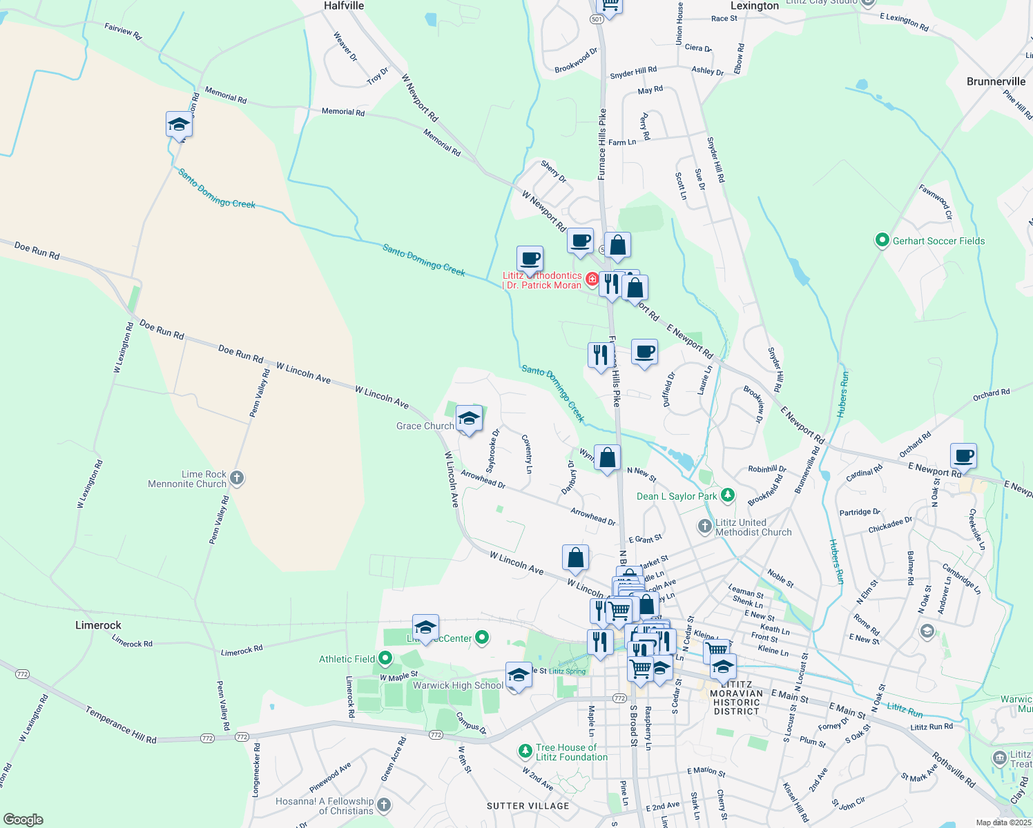 map of restaurants, bars, coffee shops, grocery stores, and more near 125 Pepperton Court in Lititz