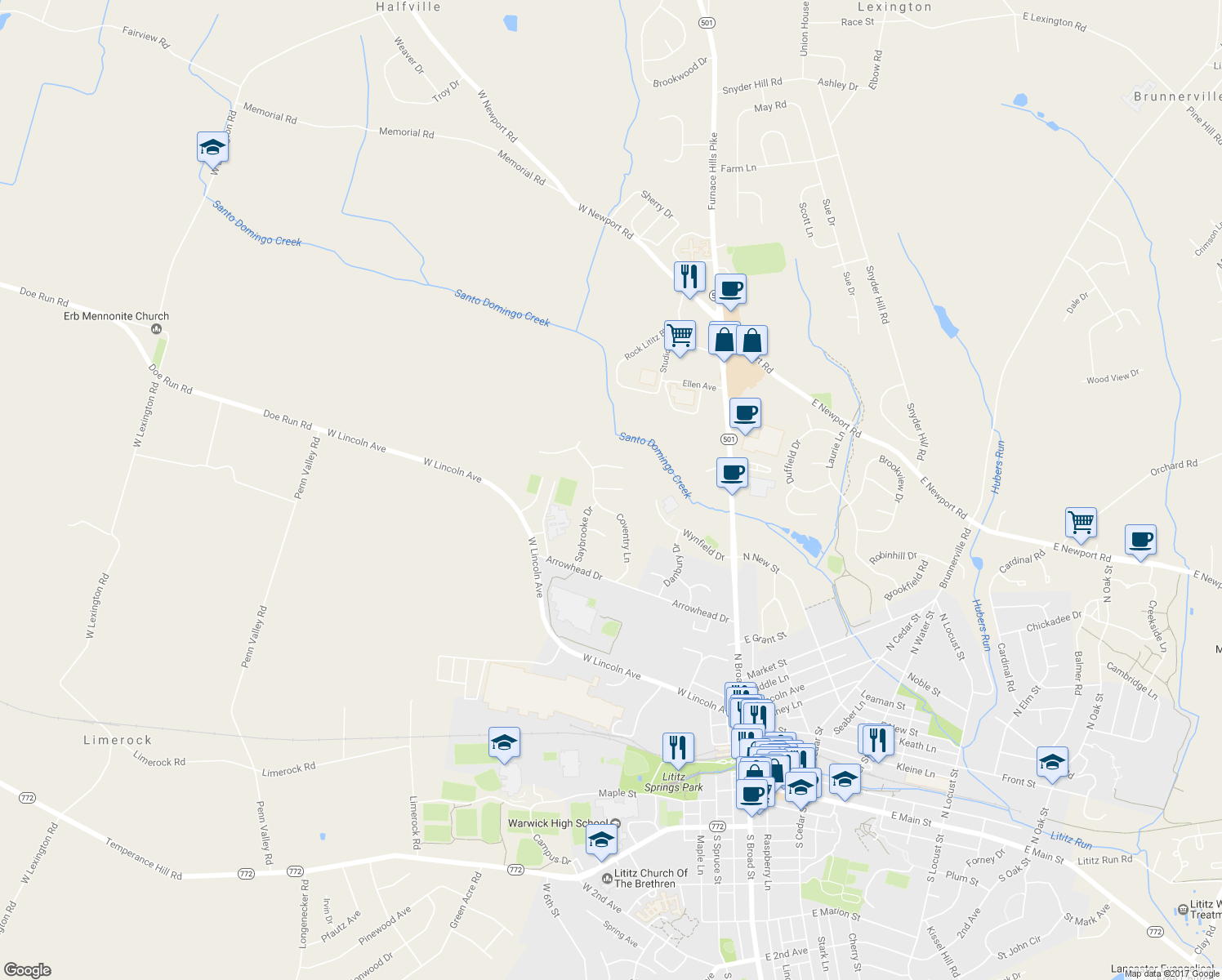 map of restaurants, bars, coffee shops, grocery stores, and more near 119 Pepperton Court in Lititz