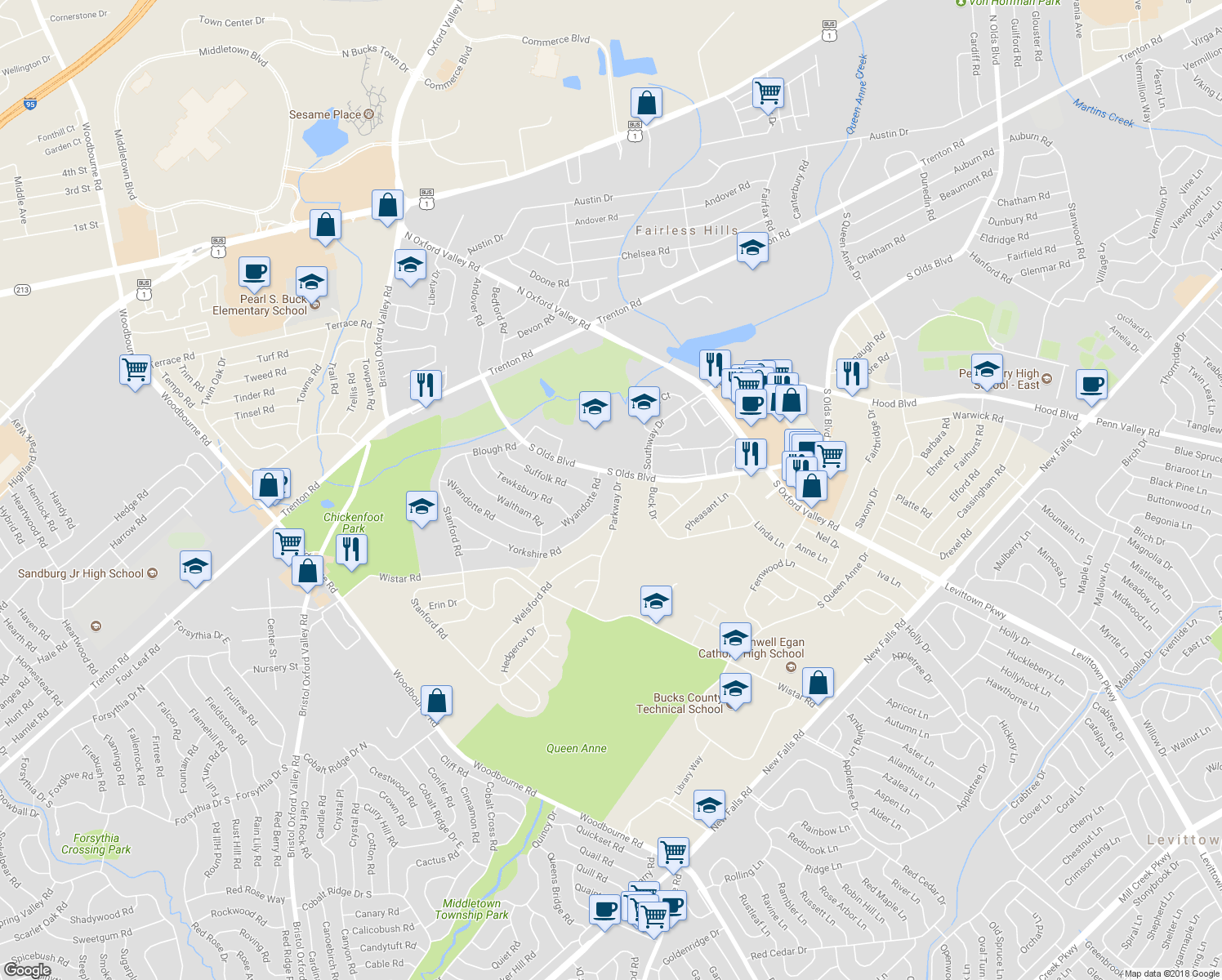 map of restaurants, bars, coffee shops, grocery stores, and more near 505 Parkway Drive in Fairless Hills