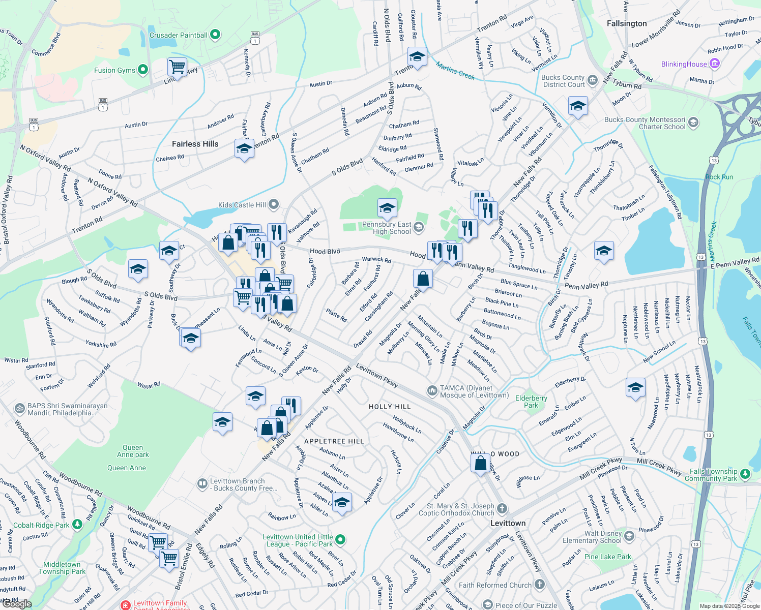 map of restaurants, bars, coffee shops, grocery stores, and more near 522 Cassingham Road in Fairless Hills