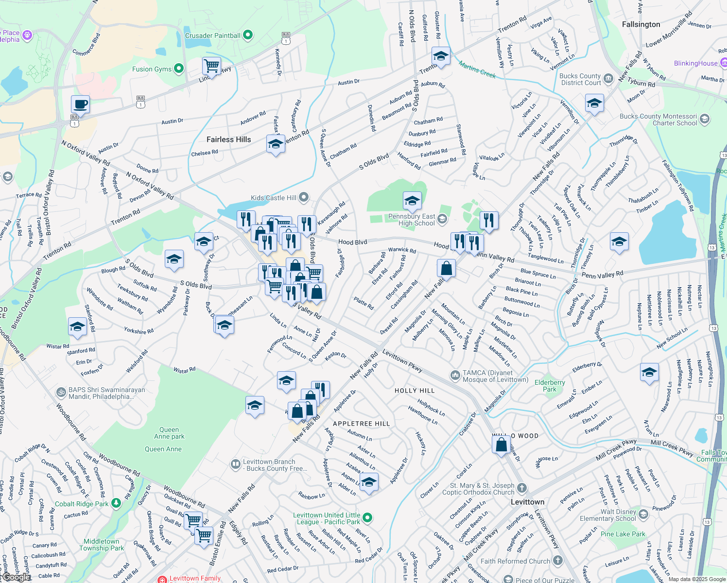 map of restaurants, bars, coffee shops, grocery stores, and more near 525 Ehret Road in Fairless Hills