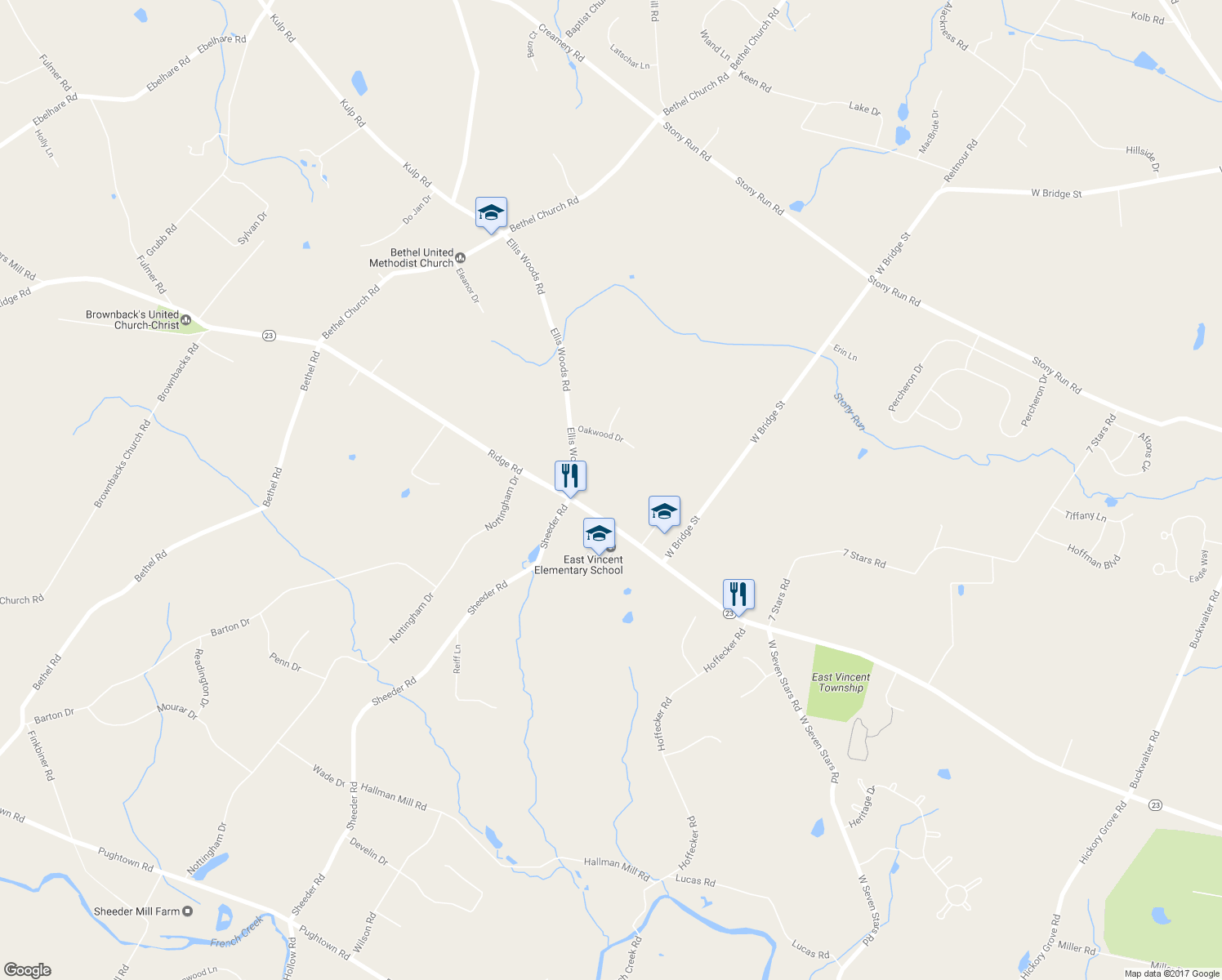 map of restaurants, bars, coffee shops, grocery stores, and more near 355 Ridge Road in Phoenixville