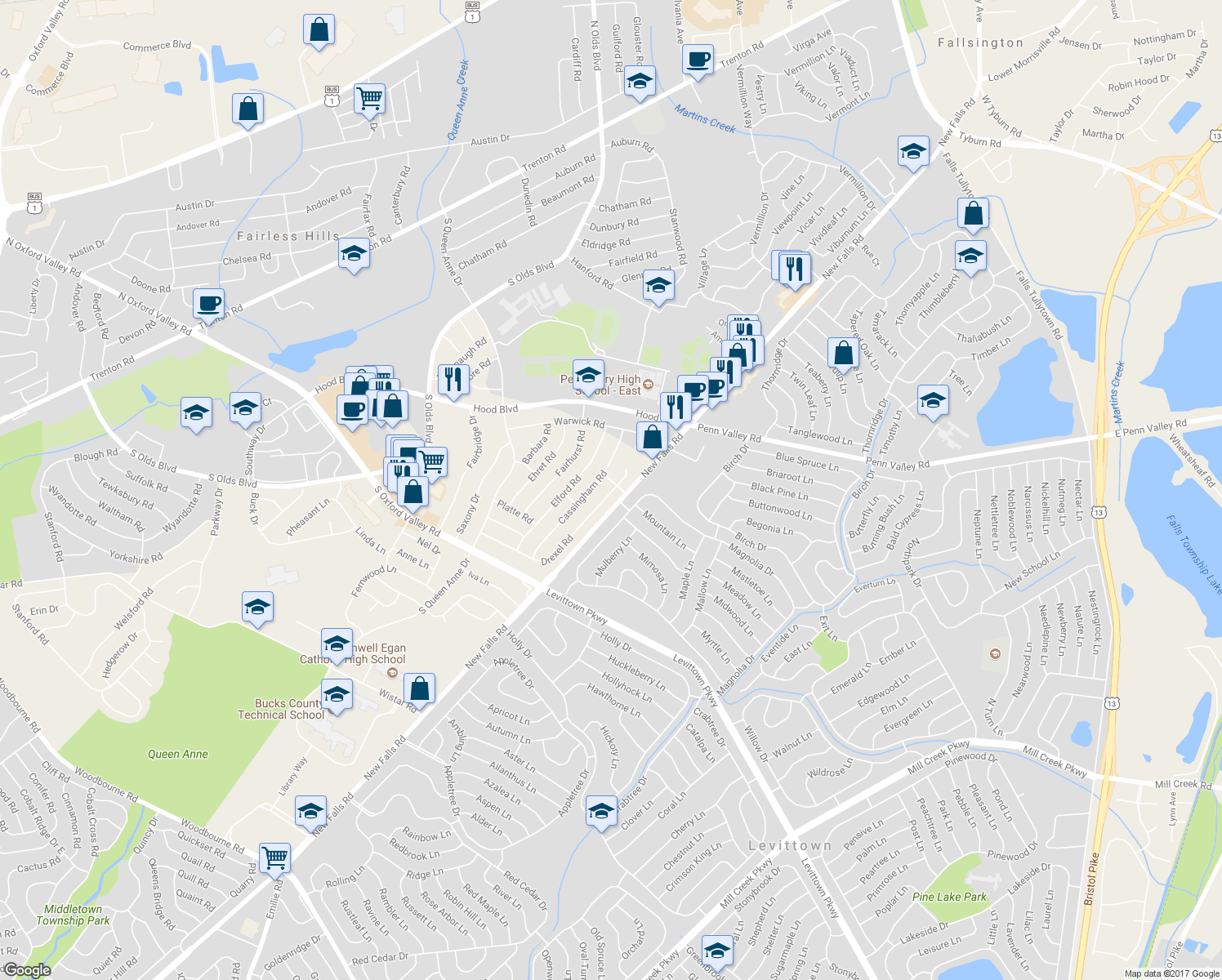 map of restaurants, bars, coffee shops, grocery stores, and more near 501 Drexel Road in Fairless Hills