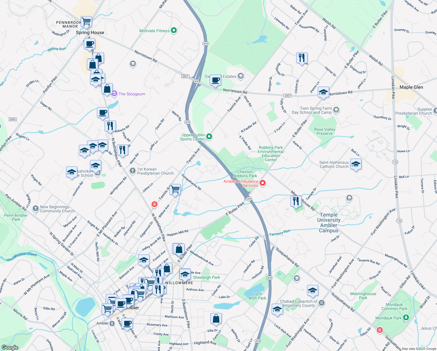 map of restaurants, bars, coffee shops, grocery stores, and more near 1600 Seneca Run in Ambler