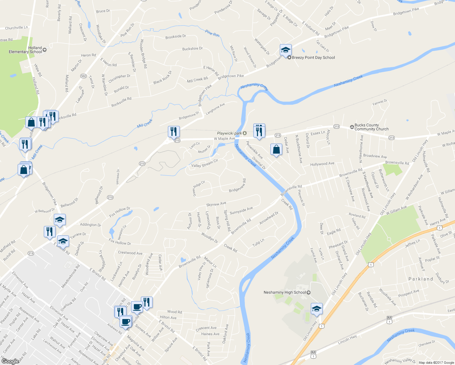 map of restaurants, bars, coffee shops, grocery stores, and more near 945 Edgewood Lane in Langhorne