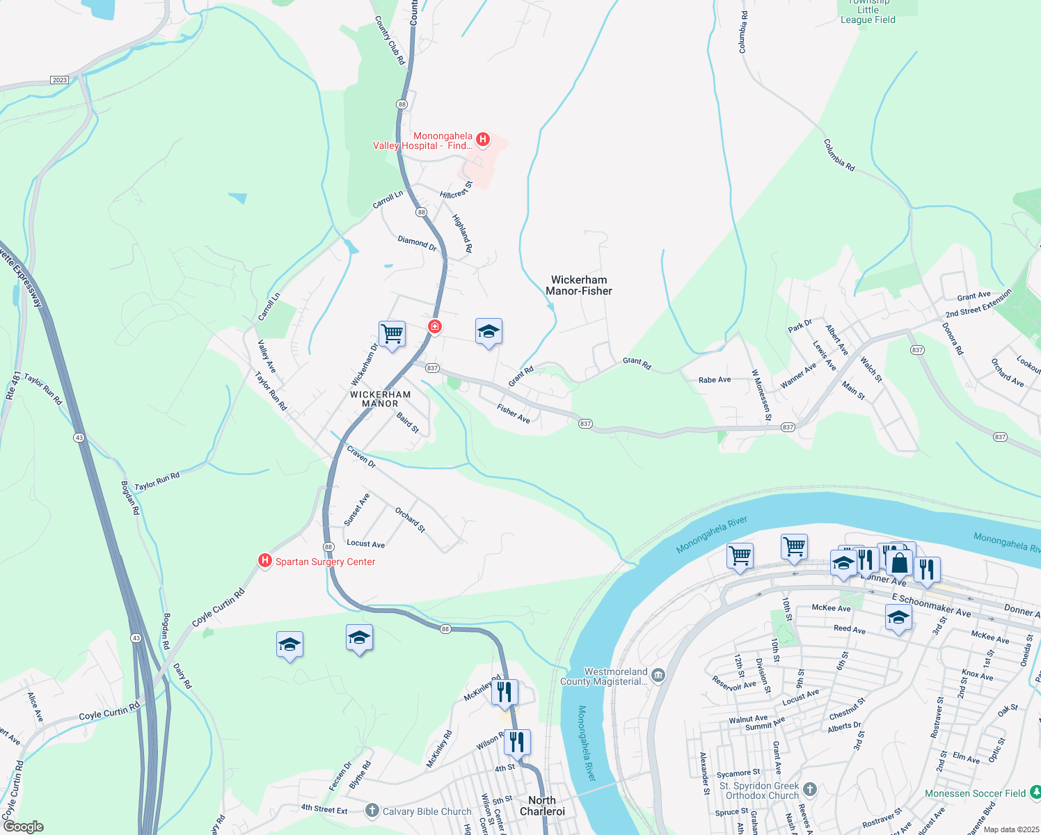 map of restaurants, bars, coffee shops, grocery stores, and more near 180 Fisher Avenue in Monongahela