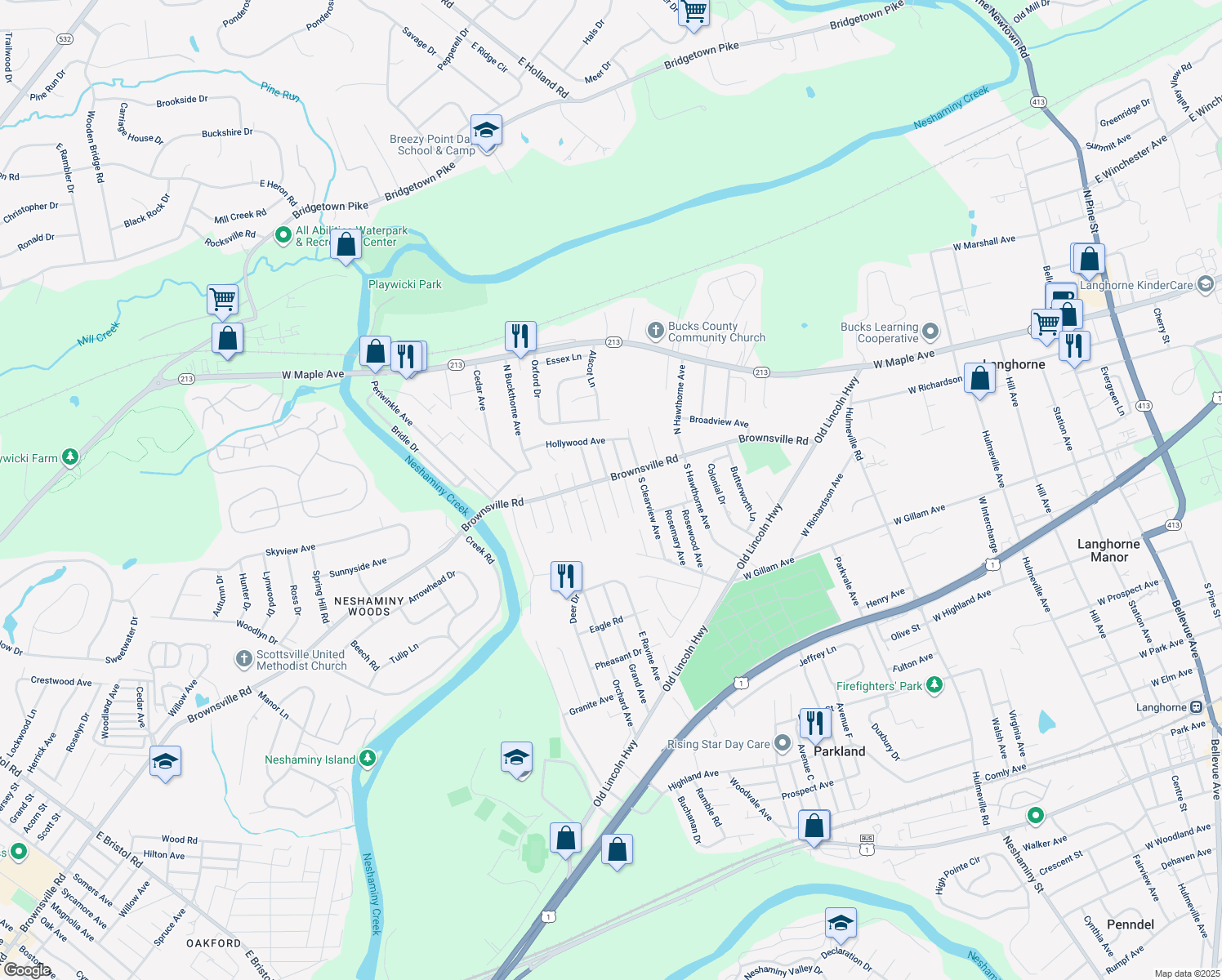 map of restaurants, bars, coffee shops, grocery stores, and more near 171 South Myrtlewood Avenue in Langhorne