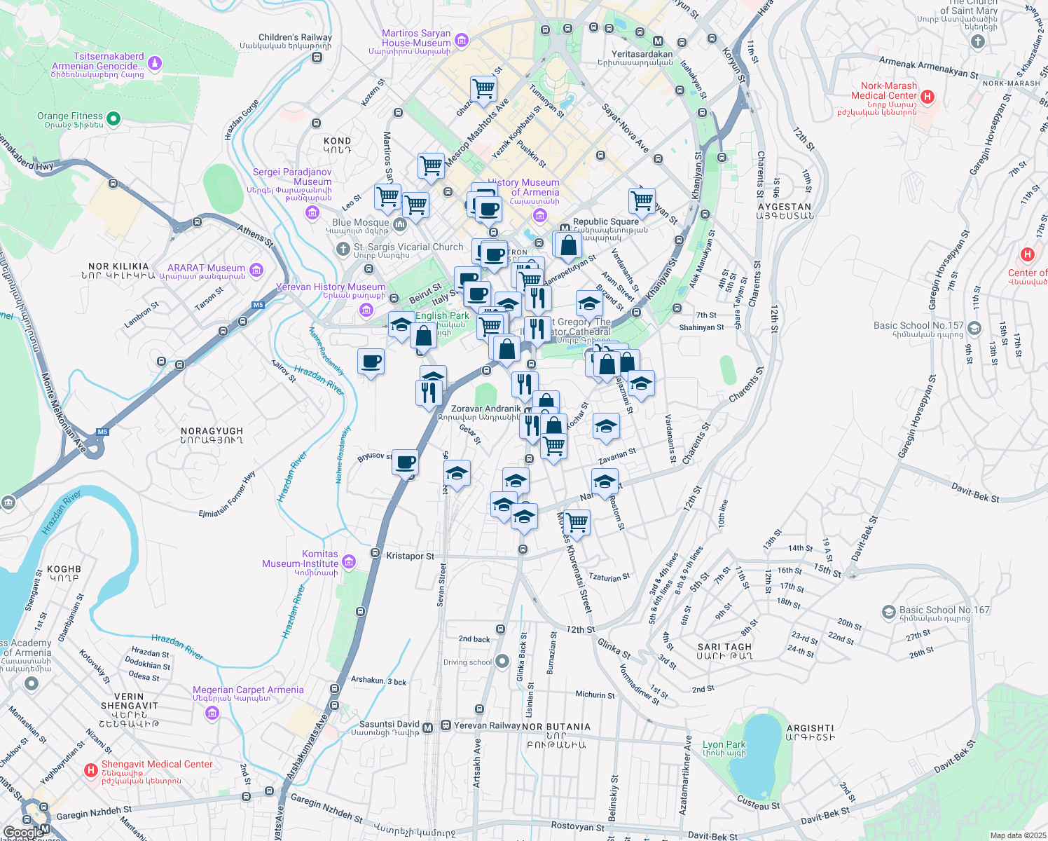 map of restaurants, bars, coffee shops, grocery stores, and more near 20 Tigran Mets Avenue in Yerevan