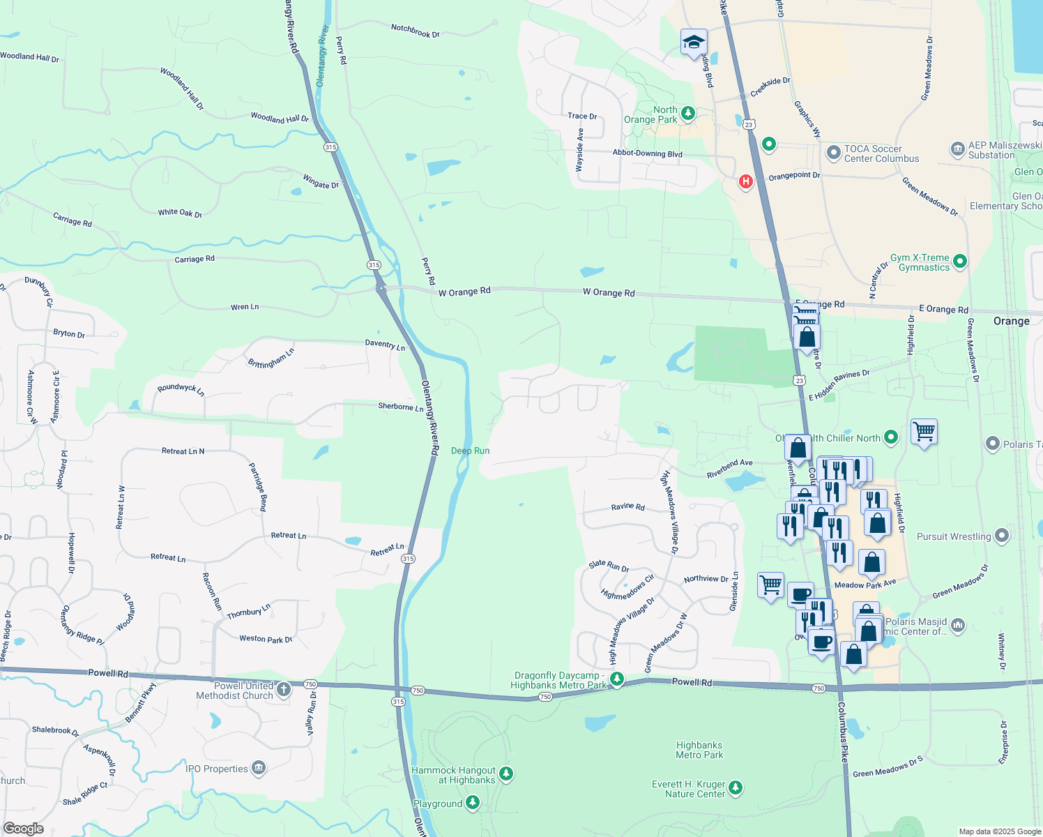 map of restaurants, bars, coffee shops, grocery stores, and more near 8492 Deep Run in Powell