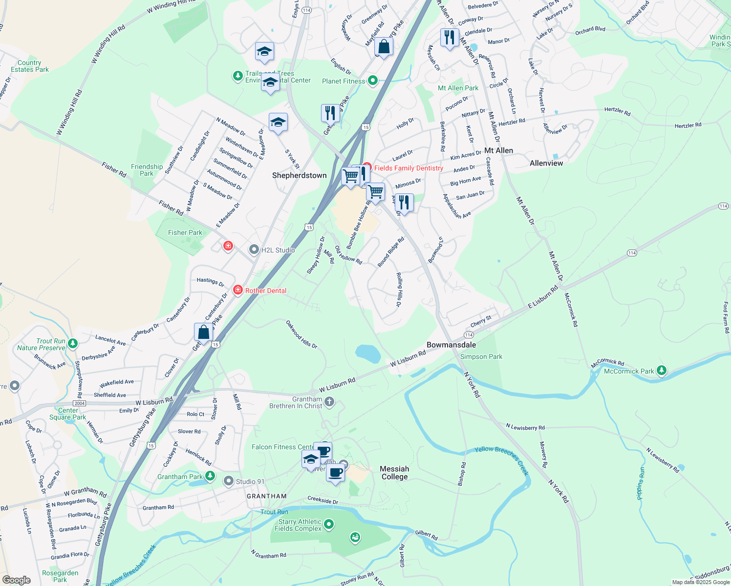map of restaurants, bars, coffee shops, grocery stores, and more near 102 Round Ridge Road in Mechanicsburg