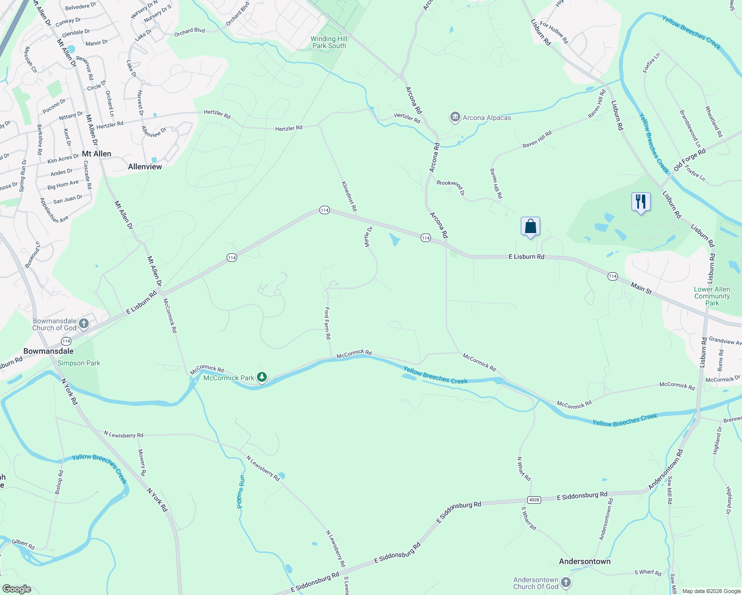 map of restaurants, bars, coffee shops, grocery stores, and more near 2850 Myrtle Dr in Mechanicsburg