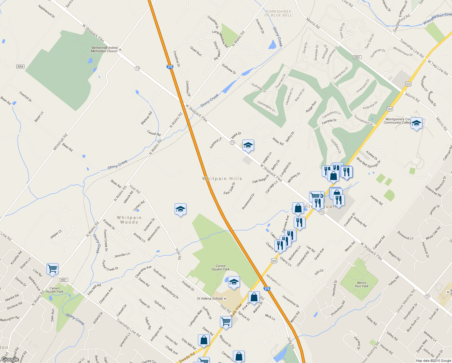 map of restaurants, bars, coffee shops, grocery stores, and more near 1612 Whitpain Hills in Blue Bell