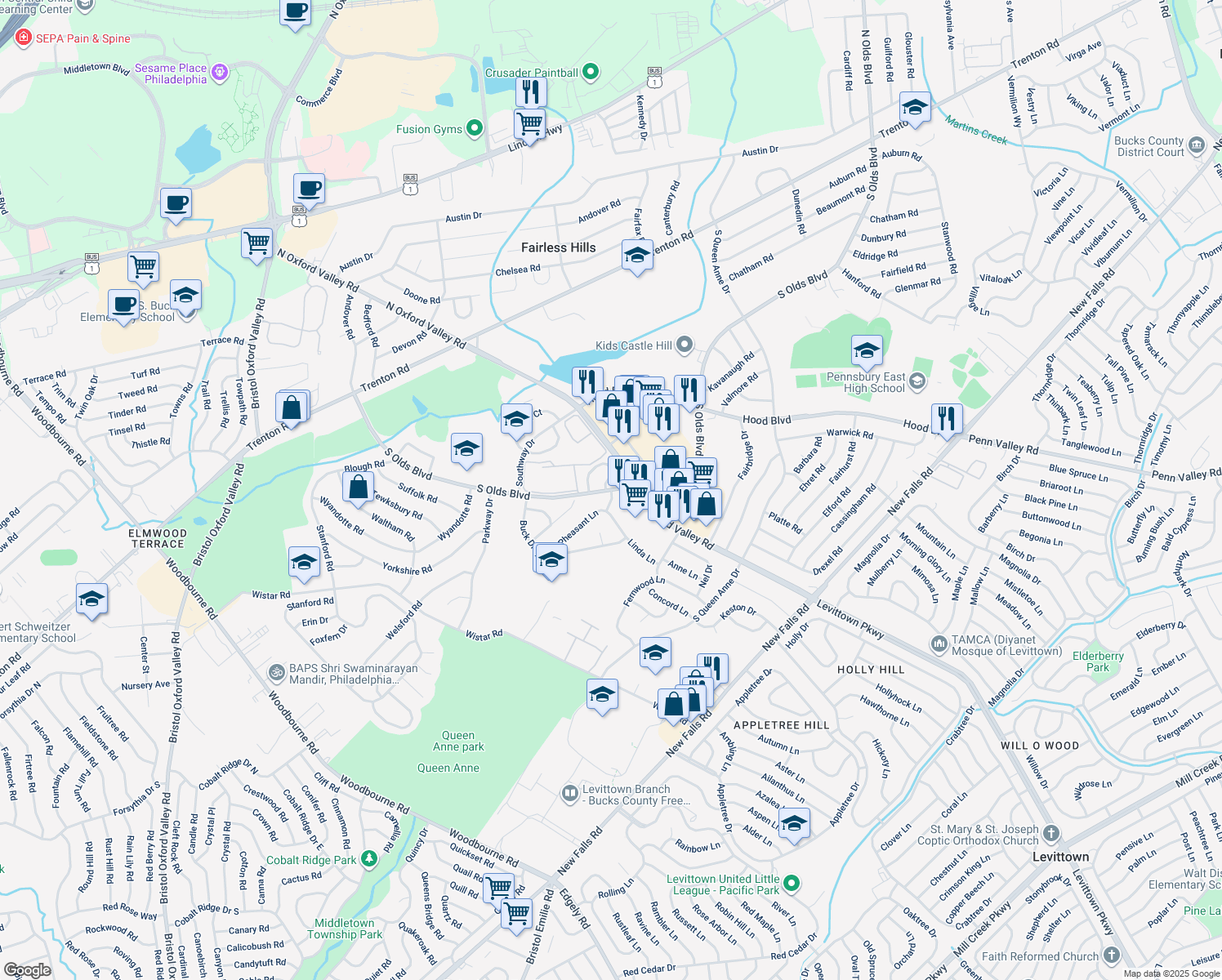 map of restaurants, bars, coffee shops, grocery stores, and more near 101 Doe Run Dr in Fairless Hills
