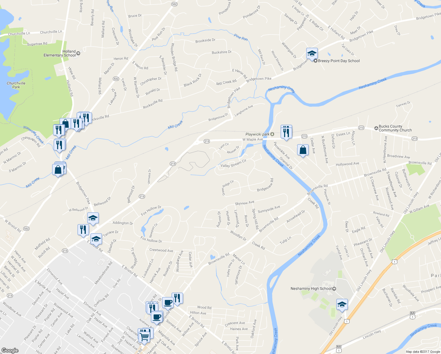 map of restaurants, bars, coffee shops, grocery stores, and more near 604 Valley Stream Circle in Langhorne