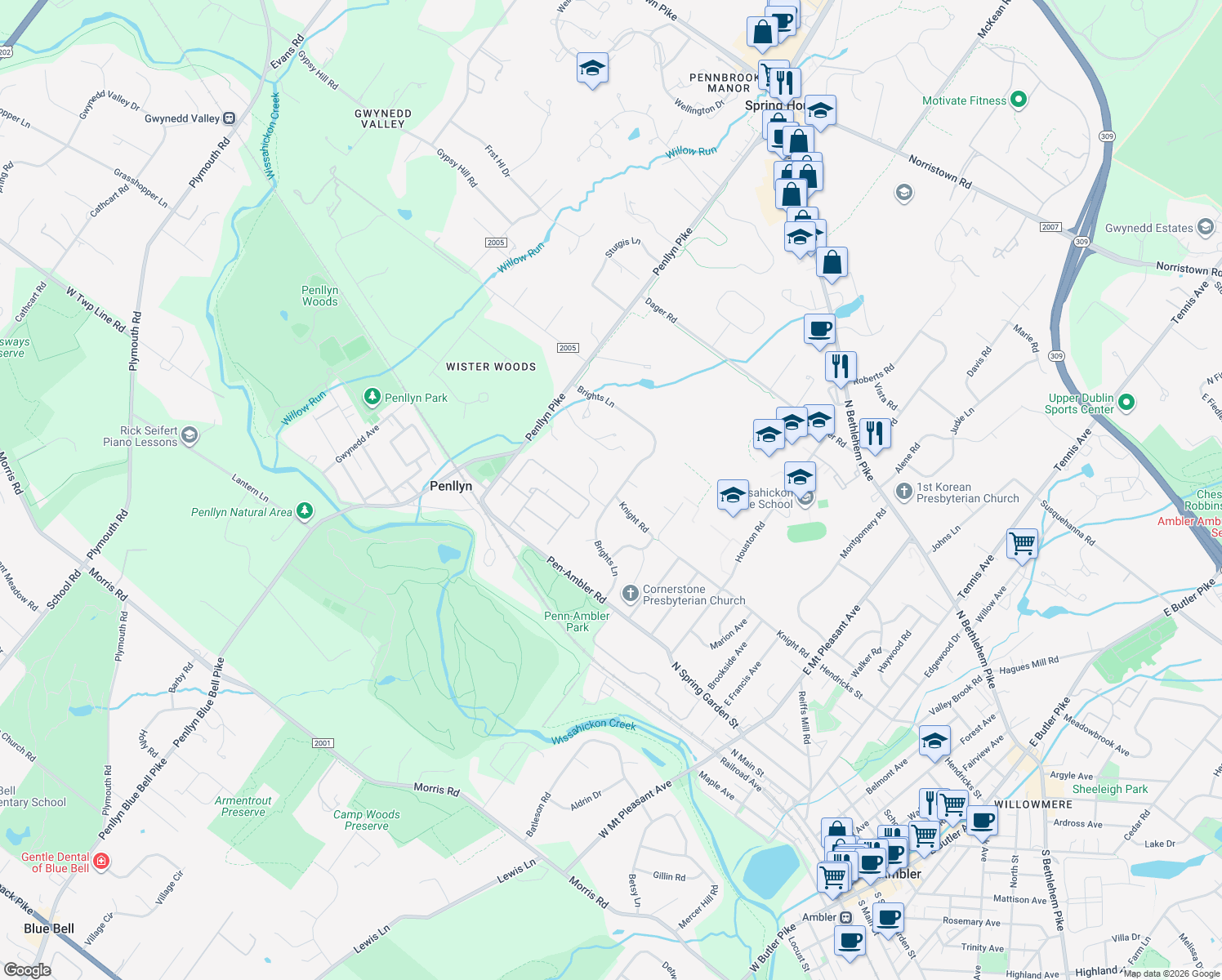 map of restaurants, bars, coffee shops, grocery stores, and more near 505 Brights Lane in Penllyn