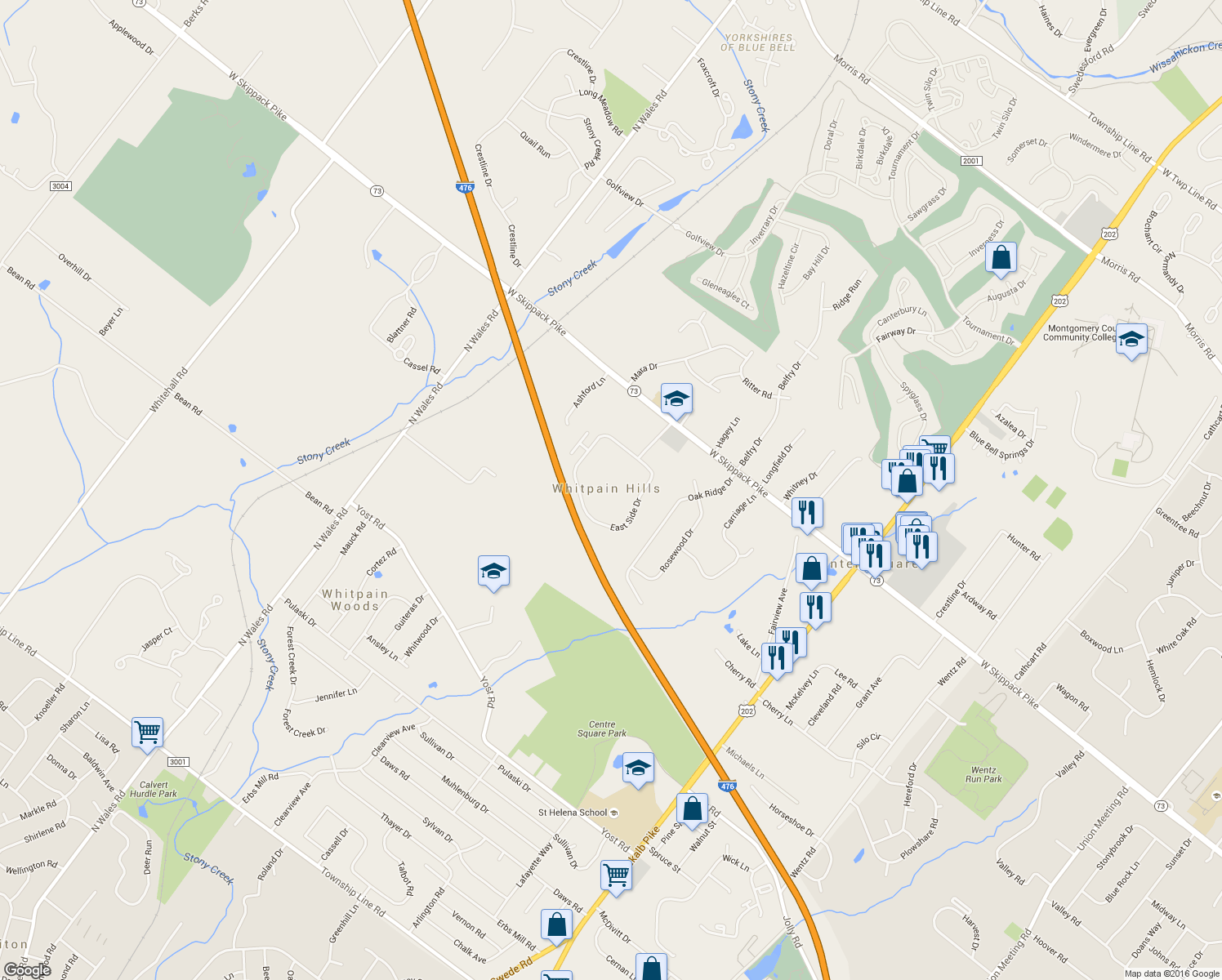 map of restaurants, bars, coffee shops, grocery stores, and more near 1412 Whitpain Hills in Blue Bell