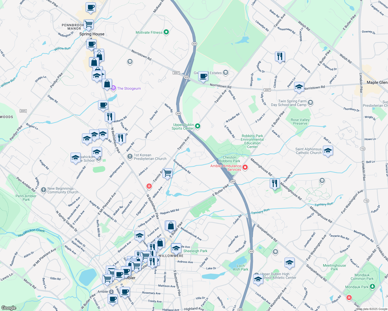 map of restaurants, bars, coffee shops, grocery stores, and more near 502 Seminole Gardens in Ambler