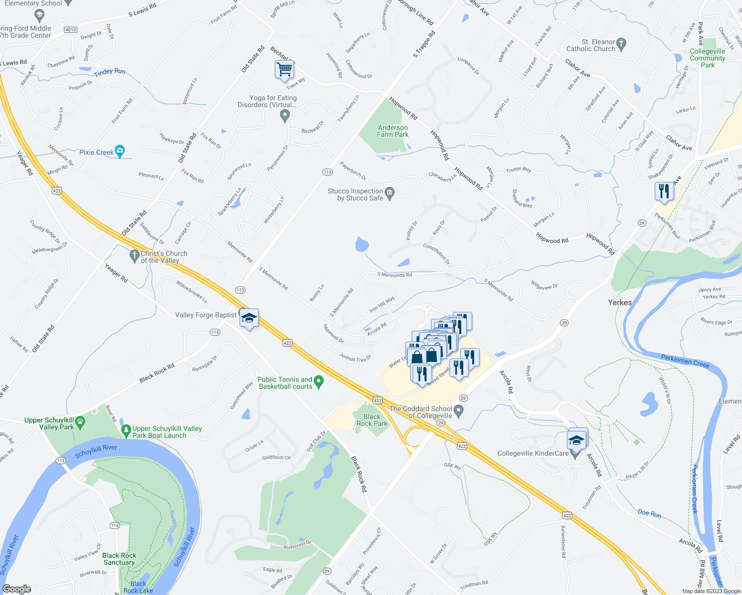 map of restaurants, bars, coffee shops, grocery stores, and more near 3 Iron Hill Way in Collegeville