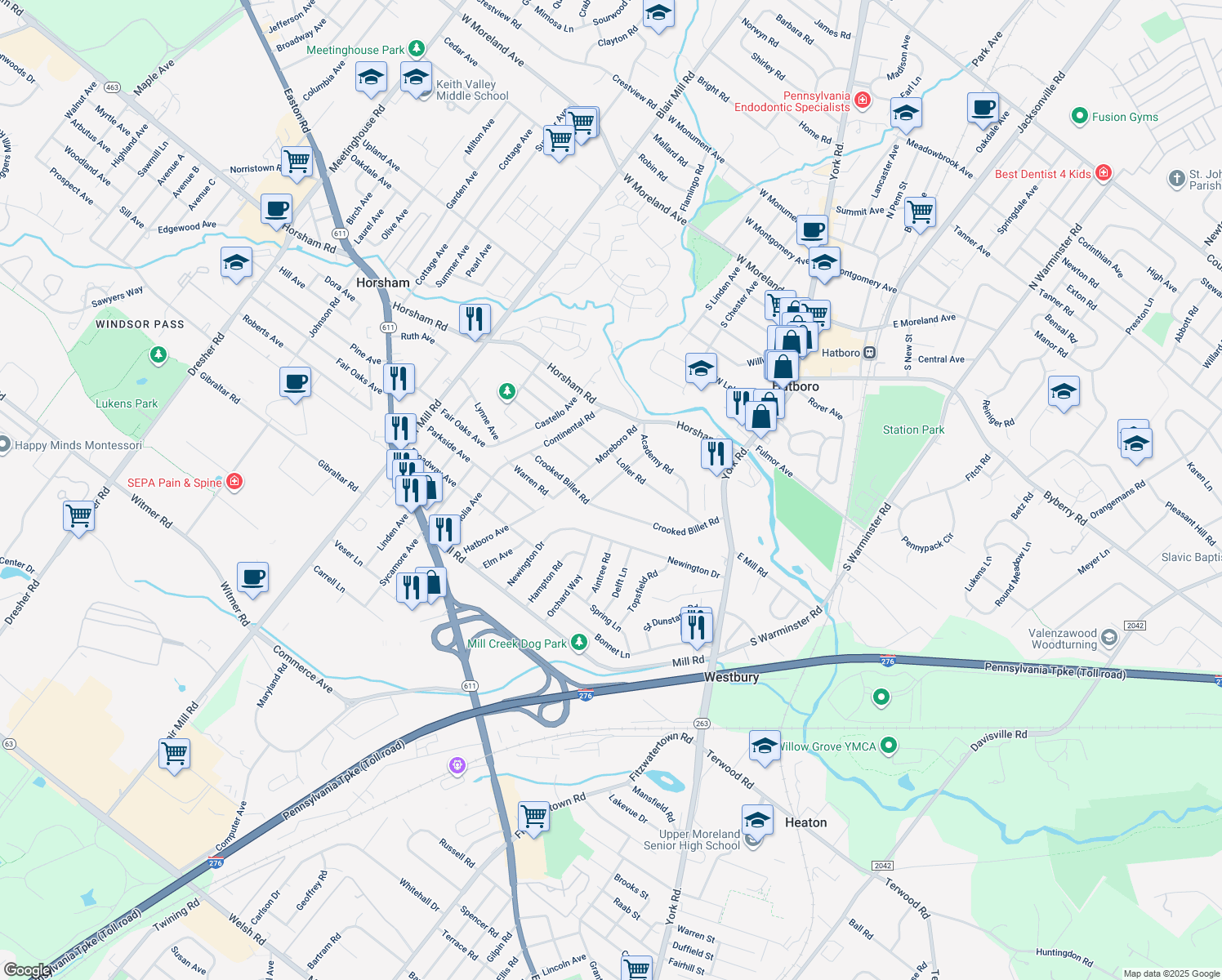 map of restaurants, bars, coffee shops, grocery stores, and more near 523 Windover Road in Hatboro