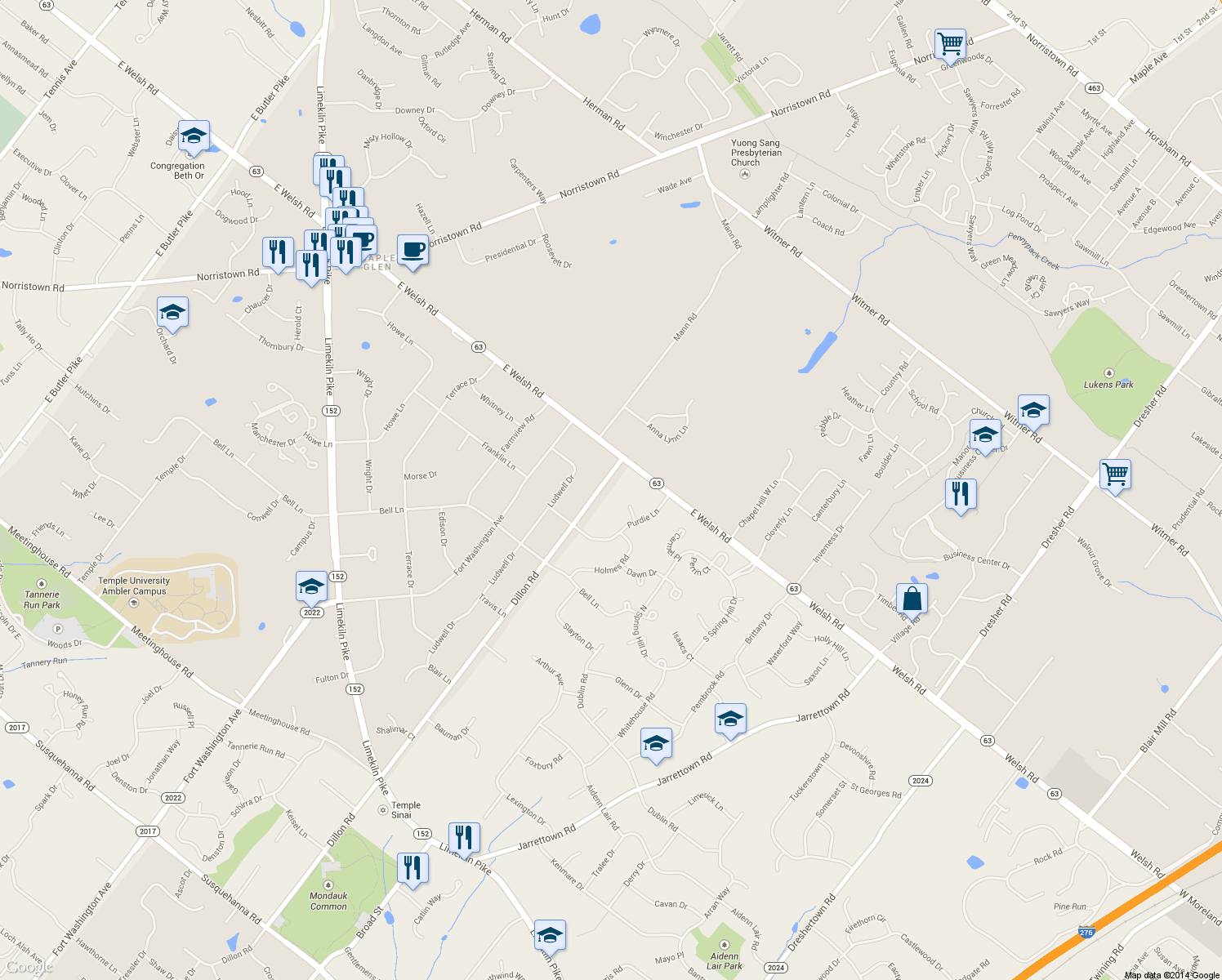 map of restaurants, bars, coffee shops, grocery stores, and more near 1861 Dillon Rd in Maple Glen