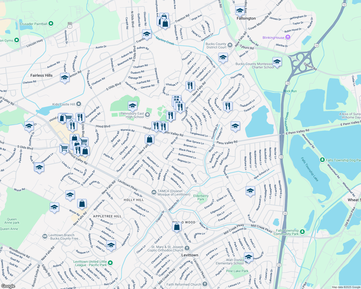map of restaurants, bars, coffee shops, grocery stores, and more near 79 Briaroot Lane in Levittown