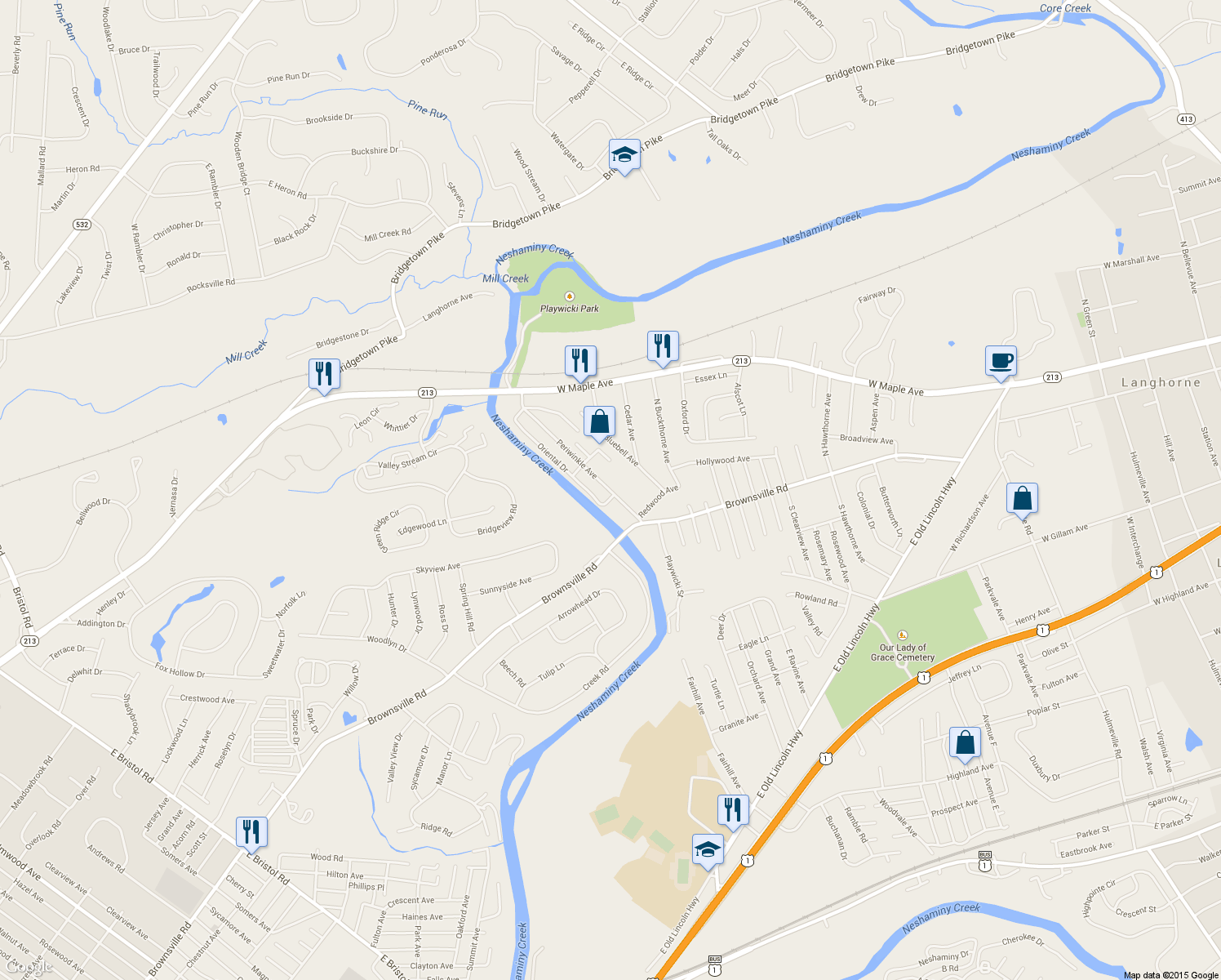 map of restaurants, bars, coffee shops, grocery stores, and more near 325 Periwinkle Avenue in Langhorne