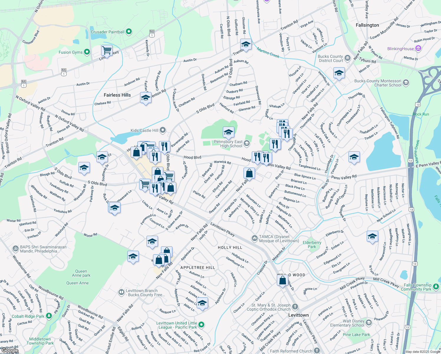 map of restaurants, bars, coffee shops, grocery stores, and more near 512 Fairhurst Road in Fairless Hills