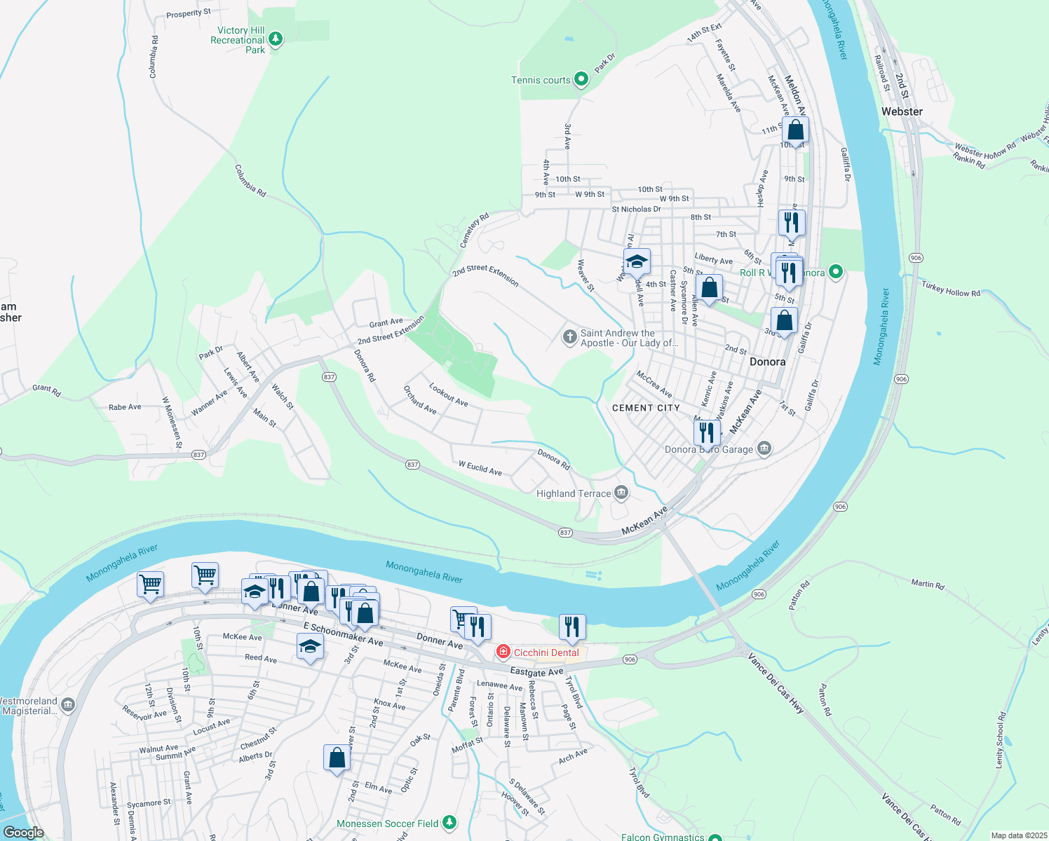 map of restaurants, bars, coffee shops, grocery stores, and more near 24 Willow Drive in Monessen