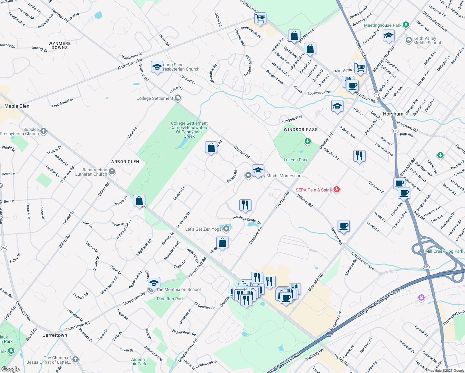 map of restaurants, bars, coffee shops, grocery stores, and more near 654 Manor Drive in Horsham