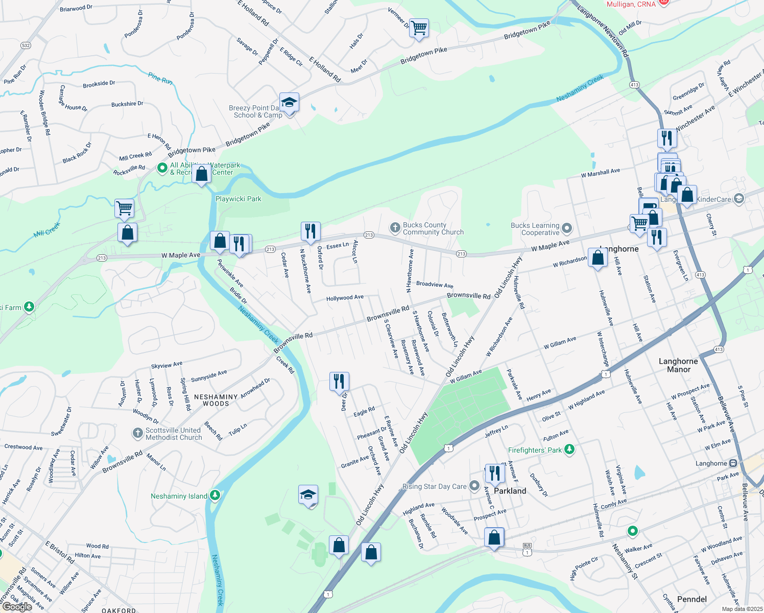 map of restaurants, bars, coffee shops, grocery stores, and more near 142 North Clearview Avenue in Langhorne
