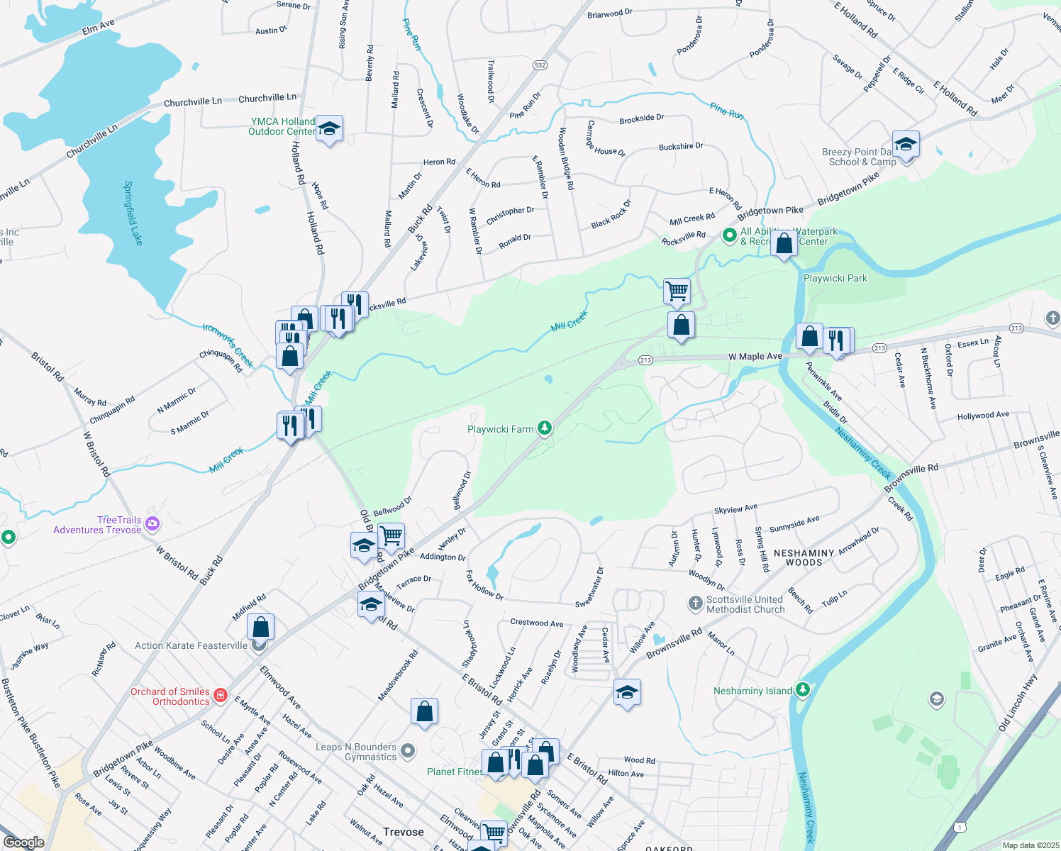 map of restaurants, bars, coffee shops, grocery stores, and more near 391 Bridgetown Pike in Langhorne