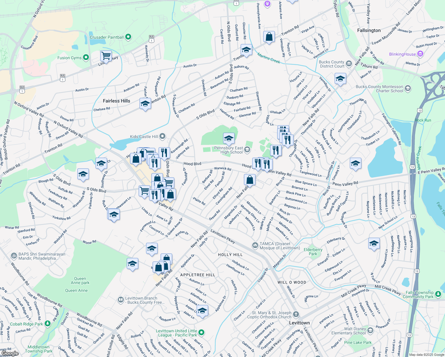 map of restaurants, bars, coffee shops, grocery stores, and more near 509 Fairhurst Road in Fairless Hills