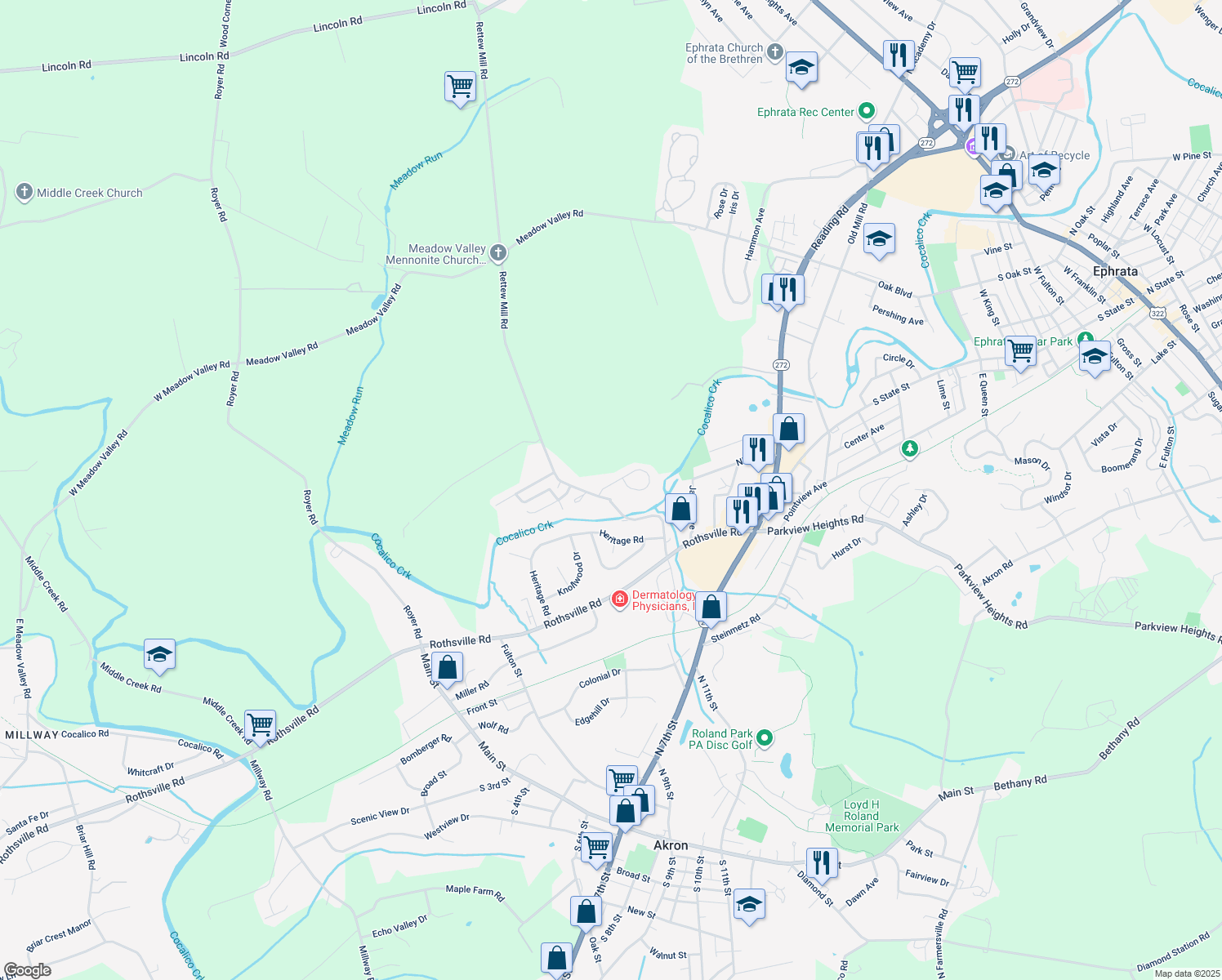 map of restaurants, bars, coffee shops, grocery stores, and more near 12 Hilldale Dr in Ephrata