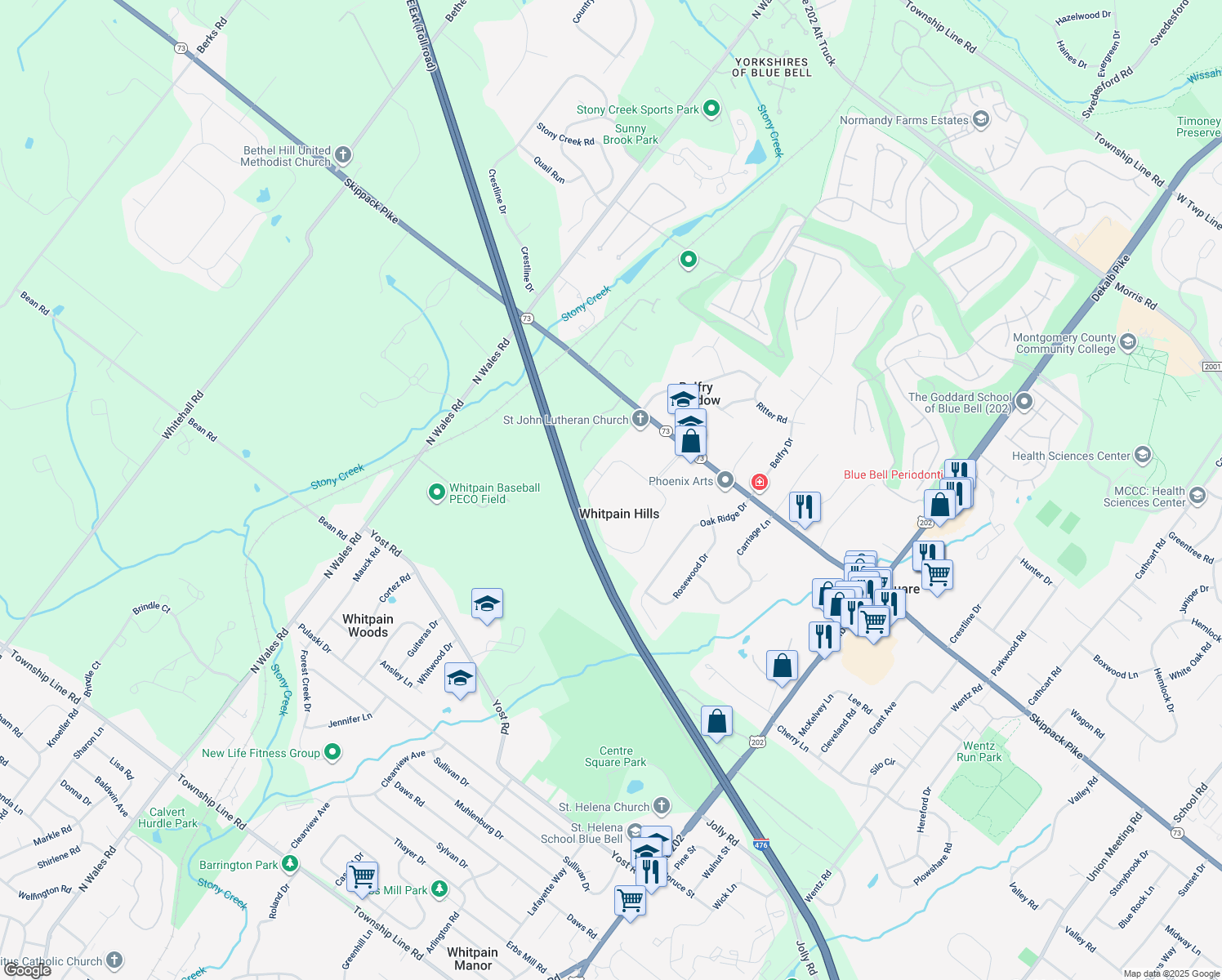 map of restaurants, bars, coffee shops, grocery stores, and more near 1002 Whitpain Hills in Blue Bell