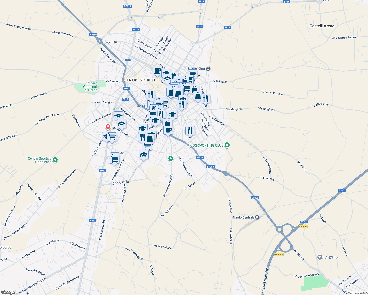 map of restaurants, bars, coffee shops, grocery stores, and more near 46 Via XXV Luglio in Nardò