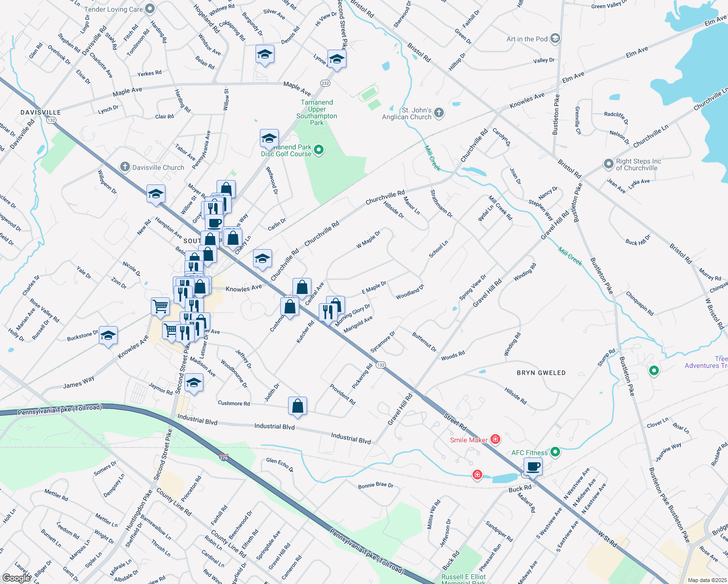 map of restaurants, bars, coffee shops, grocery stores, and more near 834 East Maple Drive in Southampton