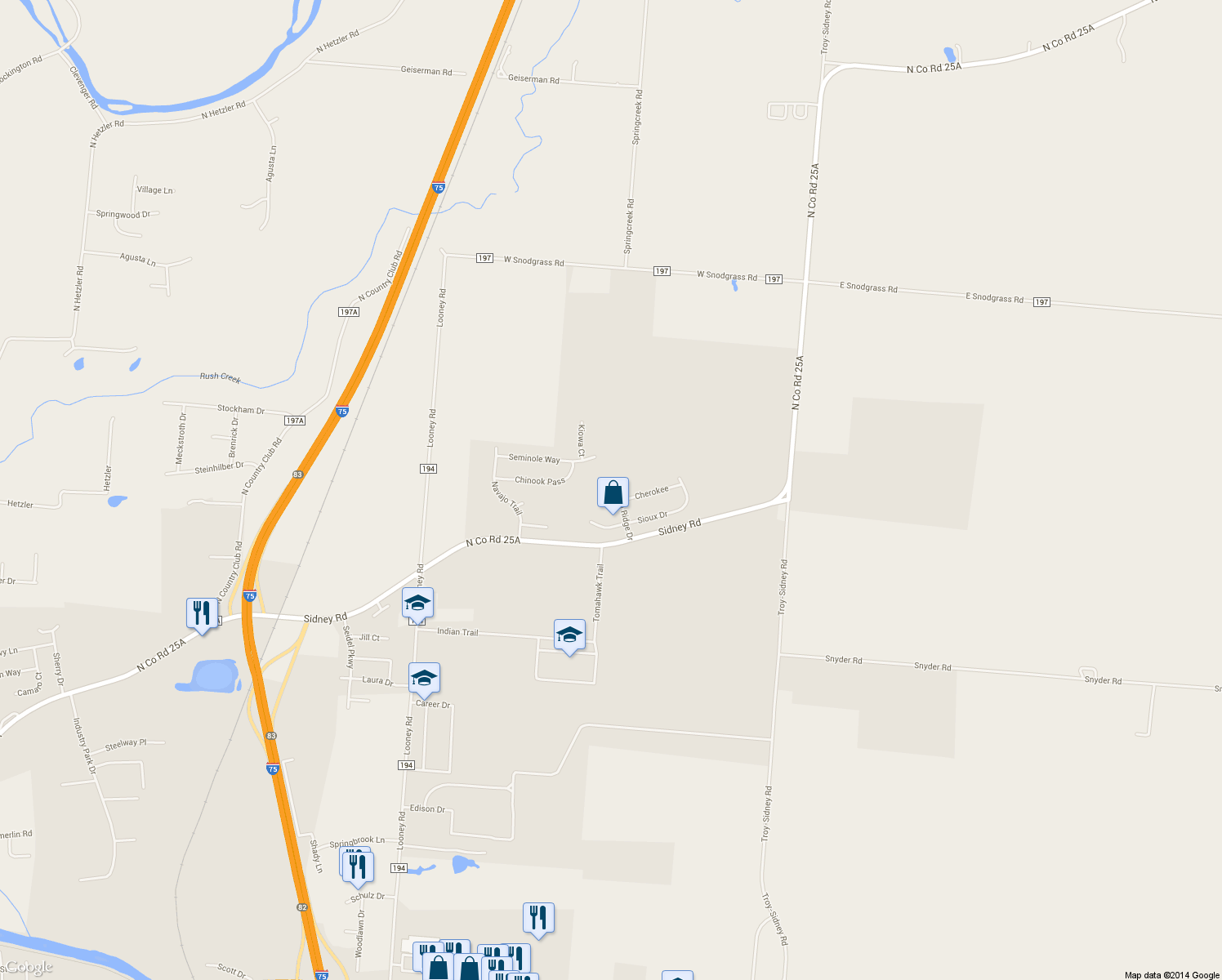map of restaurants, bars, coffee shops, grocery stores, and more near 2112 Indian Ridge Dr in Piqua