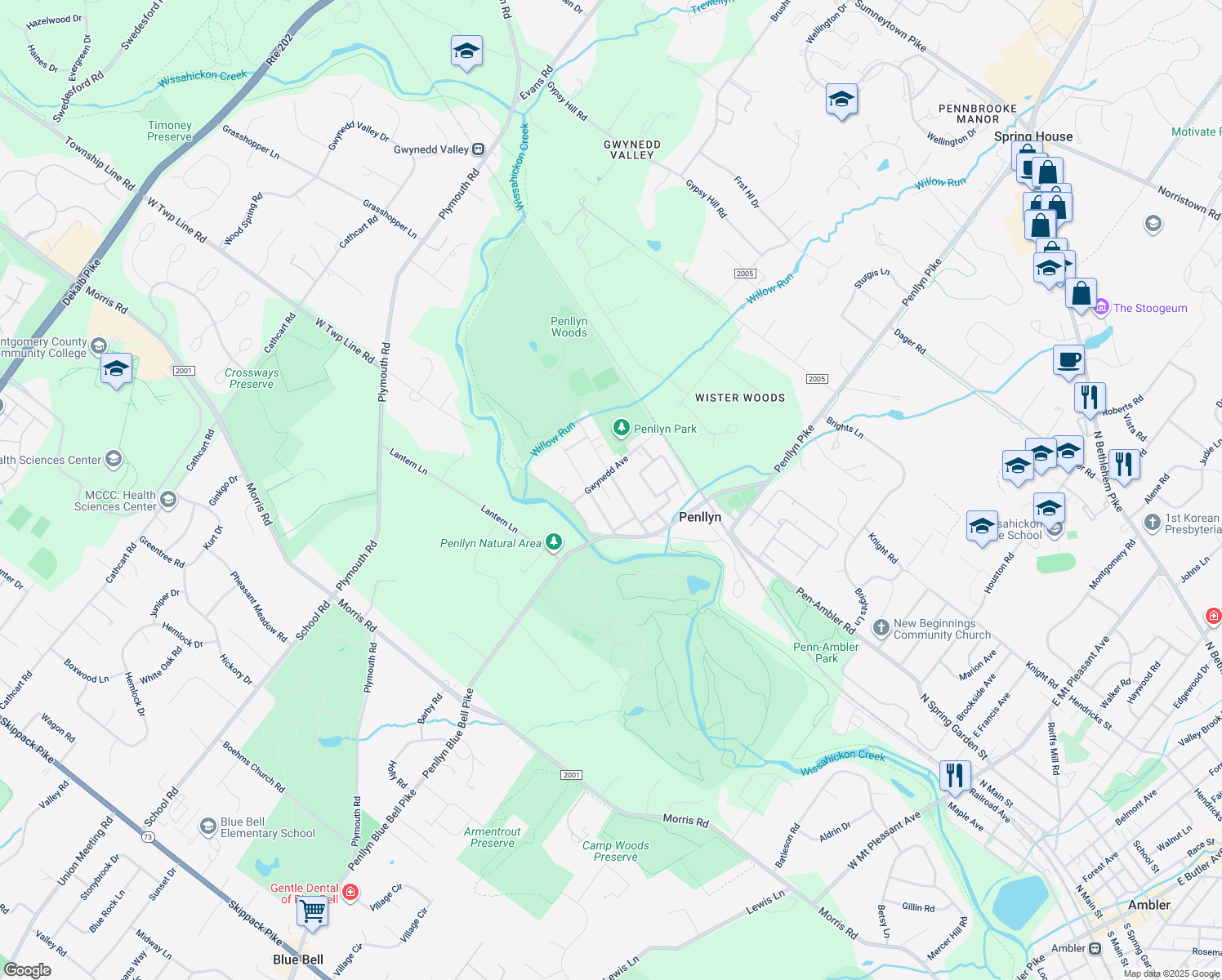map of restaurants, bars, coffee shops, grocery stores, and more near 1066 Trewellyn Avenue in Penllyn
