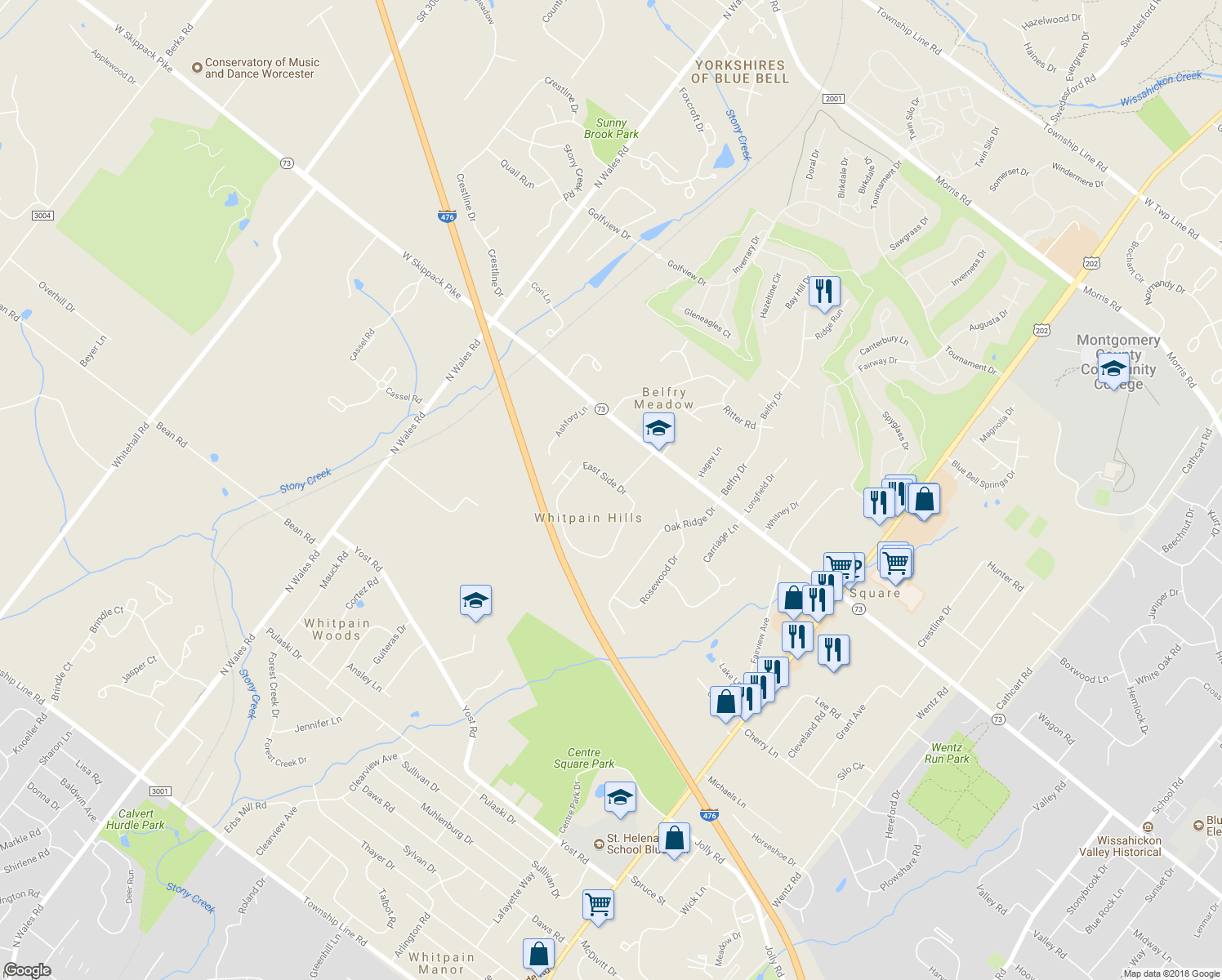 map of restaurants, bars, coffee shops, grocery stores, and more near 201 Whitpain Hills in Blue Bell