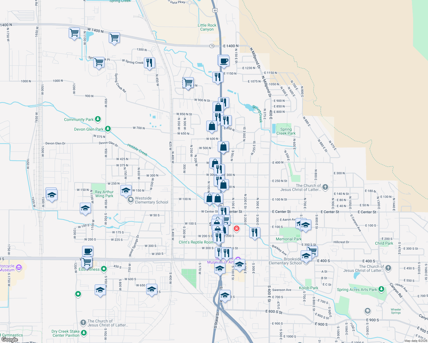map of restaurants, bars, coffee shops, grocery stores, and more near 58 West 300 North in Springville