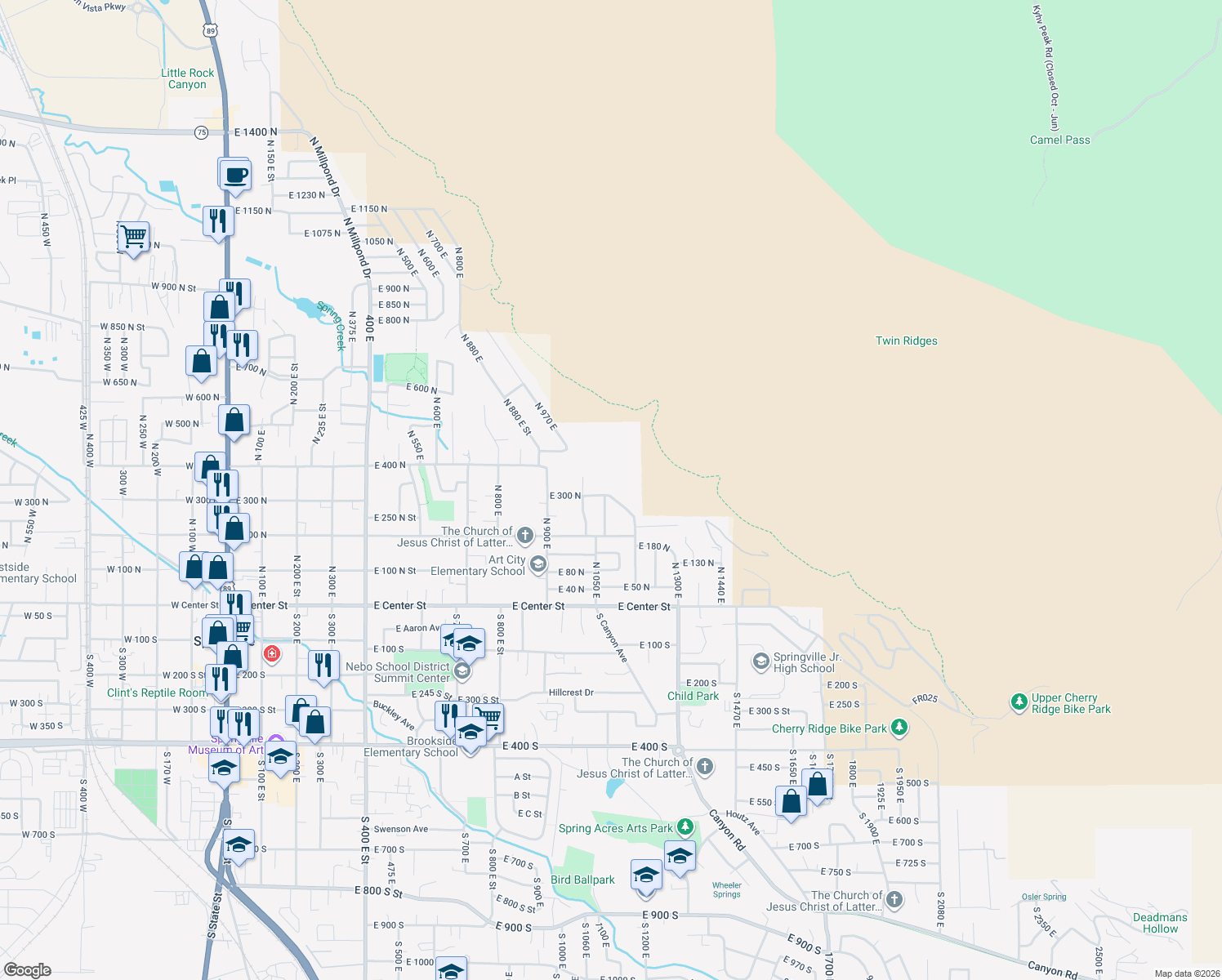 map of restaurants, bars, coffee shops, grocery stores, and more near 1111 East 300 North in Springville