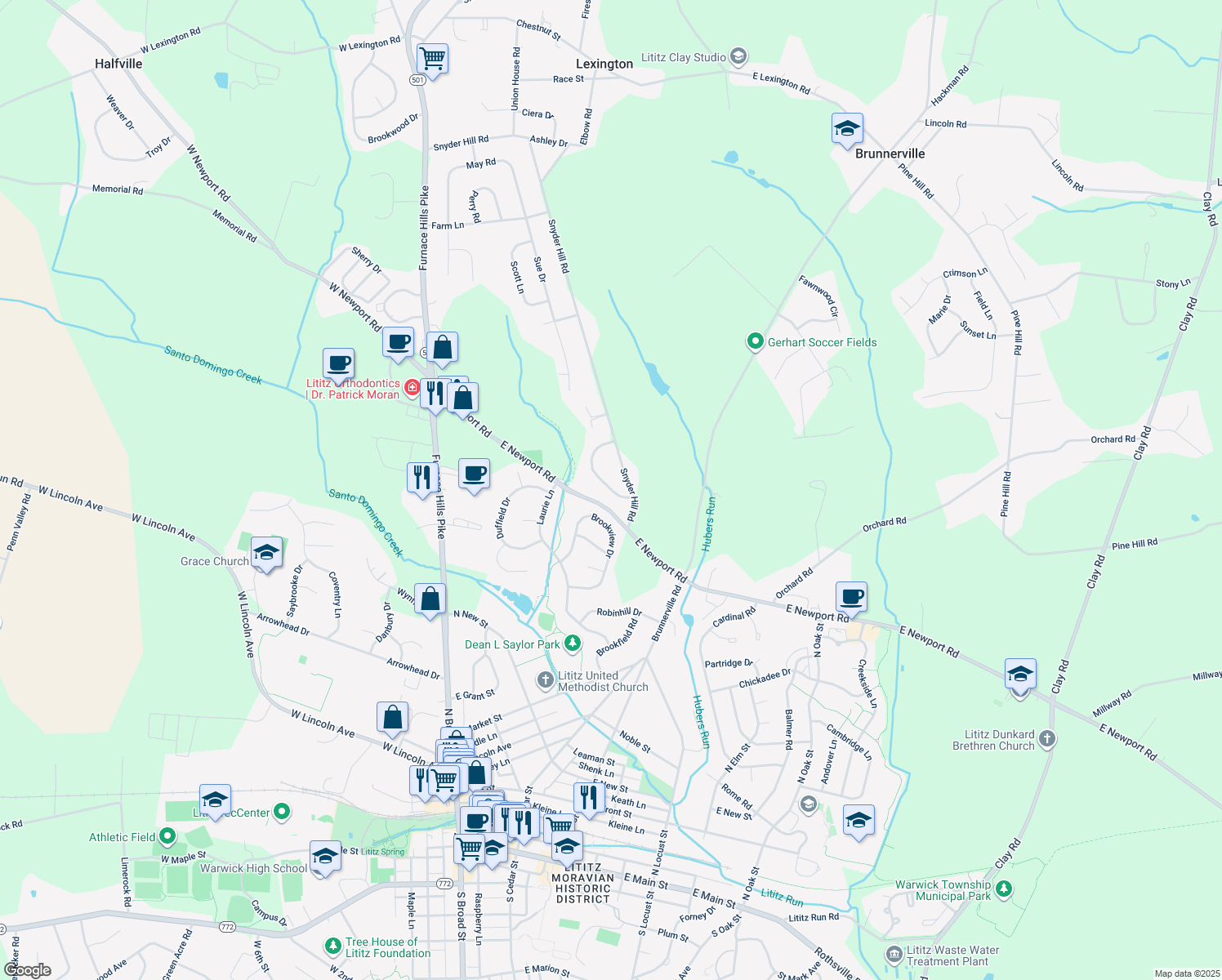 map of restaurants, bars, coffee shops, grocery stores, and more near 507 Colonial Crescent Drive in Lititz