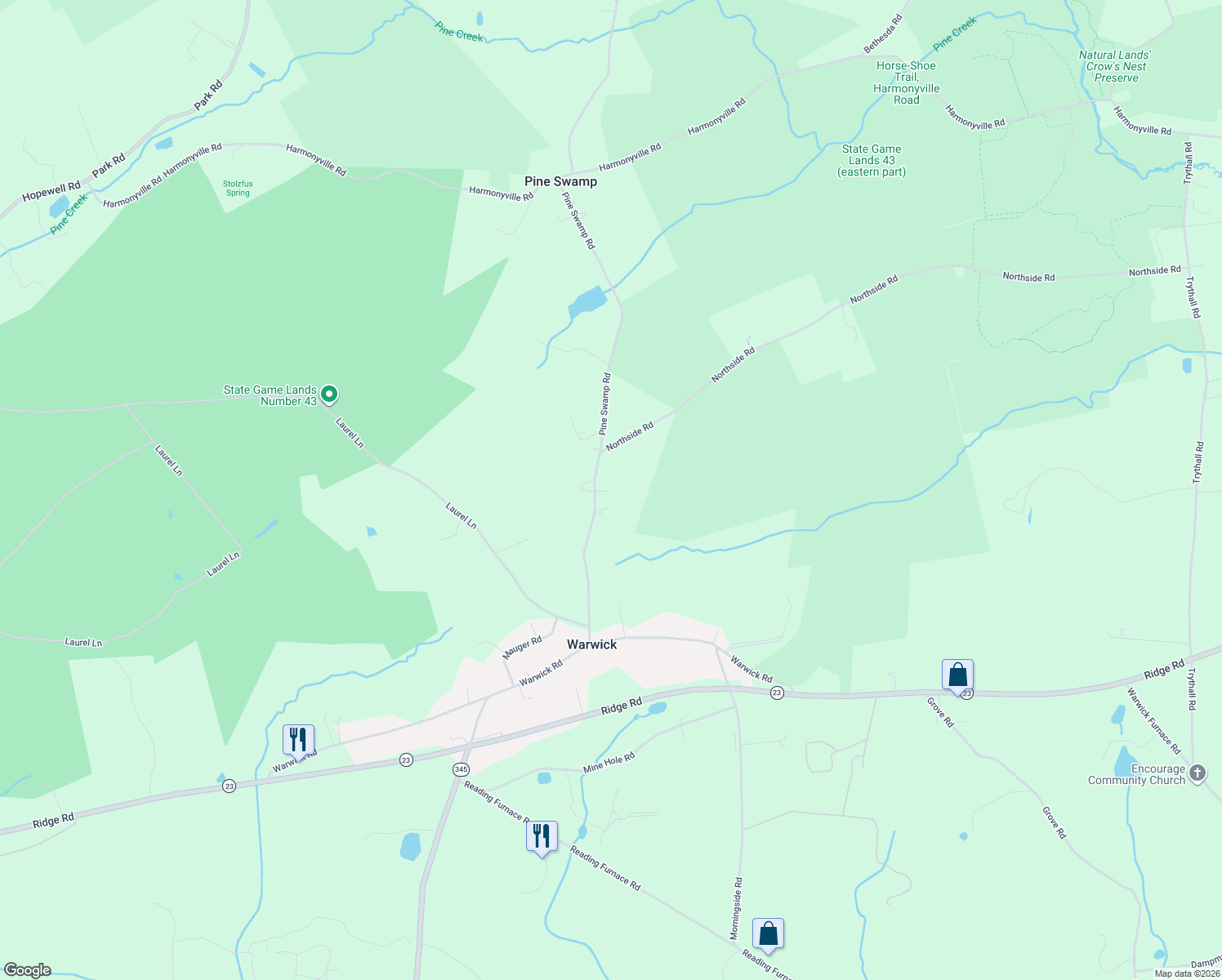 map of restaurants, bars, coffee shops, grocery stores, and more near 150 Pine Swamp Rd in Elverson